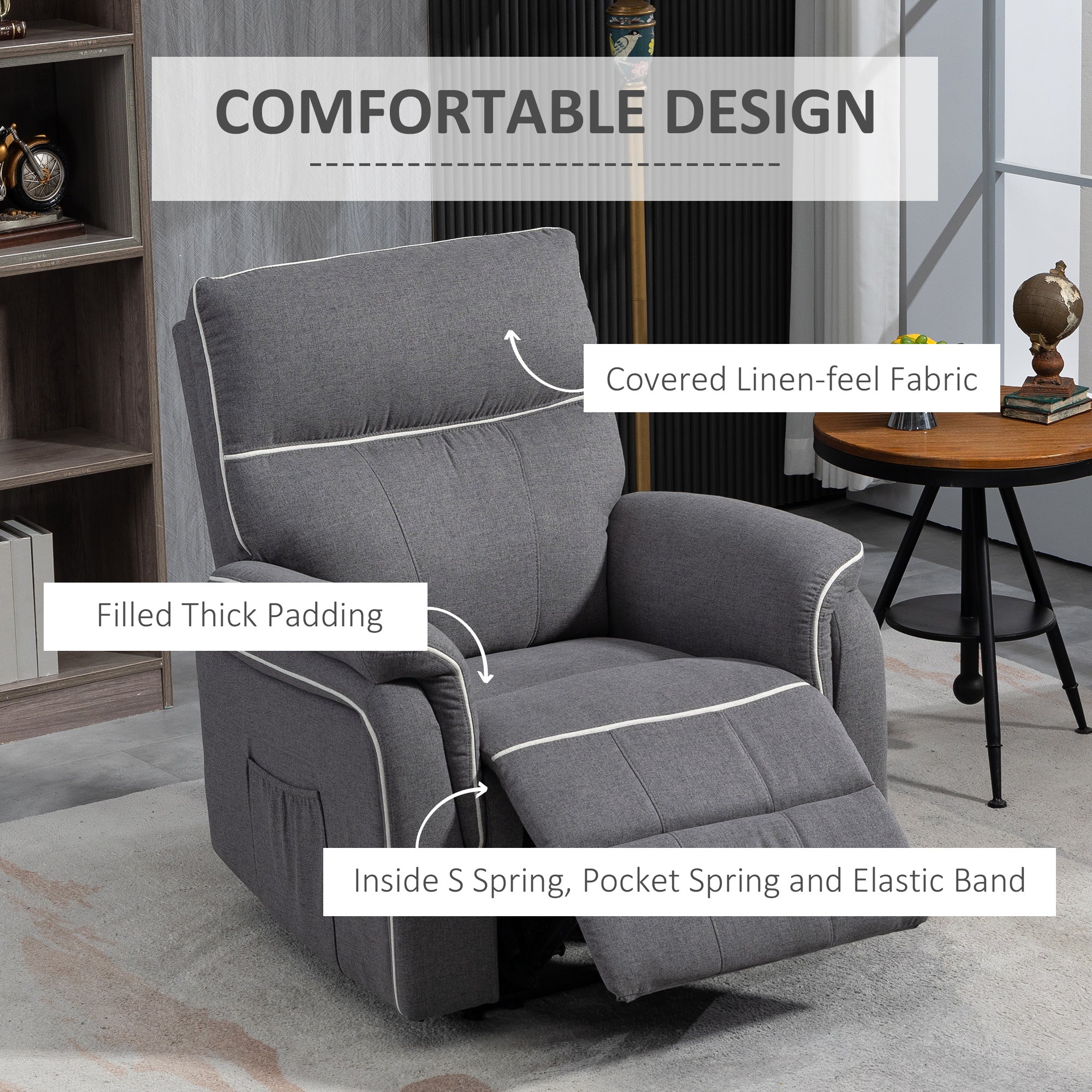 HOMCOM Manual Recliner Chair, Fabric Reclining Chair, Single Sofa for Living Room with Footrest and 2 Side Pockets, Dark Grey