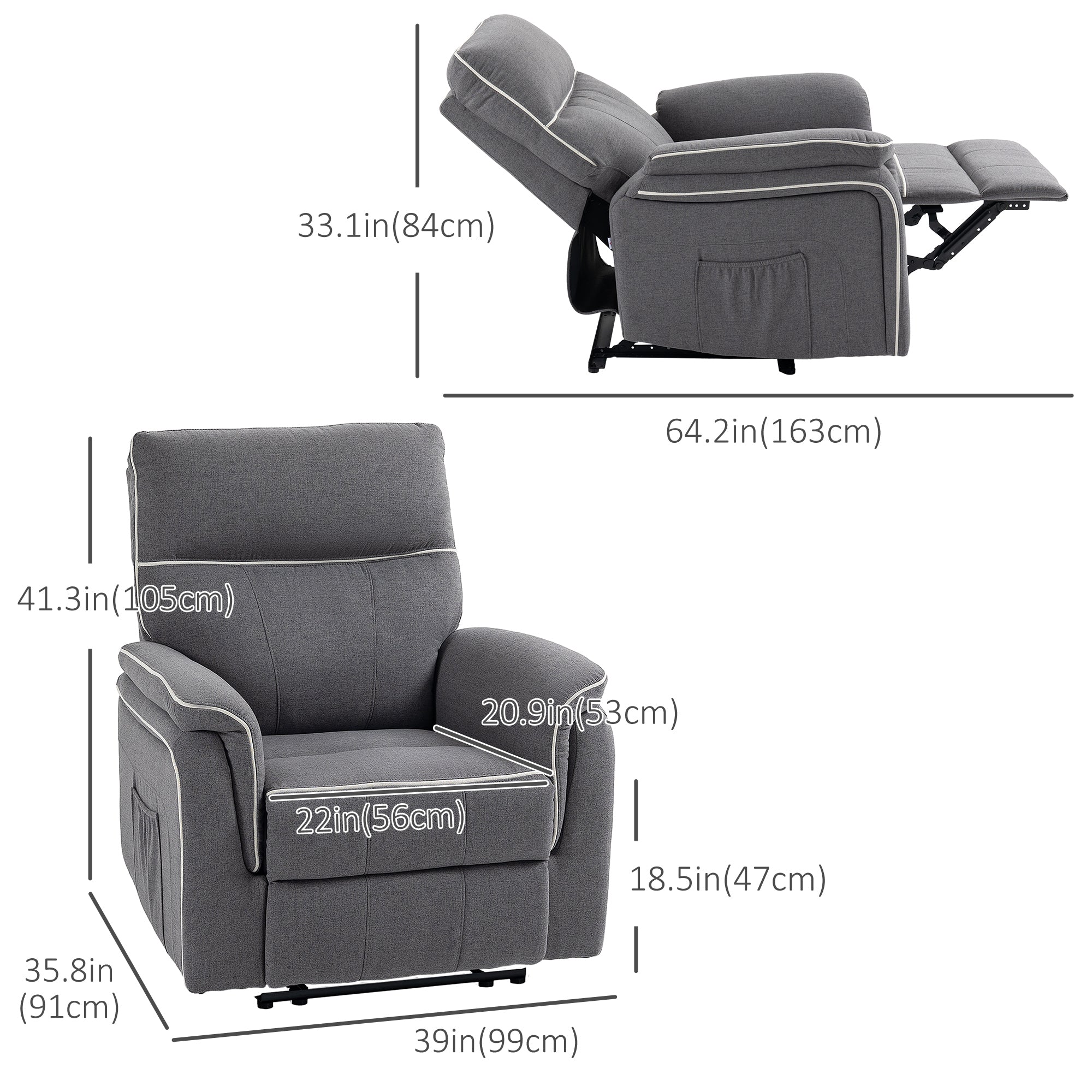 HOMCOM Manual Recliner Chair, Fabric Reclining Chair, Single Sofa for Living Room with Footrest and 2 Side Pockets, Dark Grey