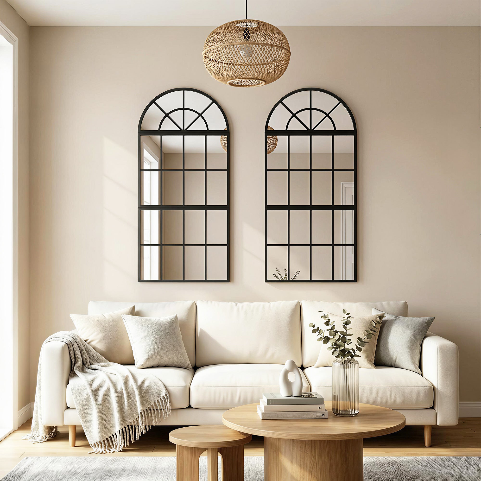 120 x 54 cm, Modern Large Arched Wall Mirror with Metal Grid, 3-Piece Split Window Mirrors with Tempered Glass for Window Decoration, Bedroom and Entryway, Black