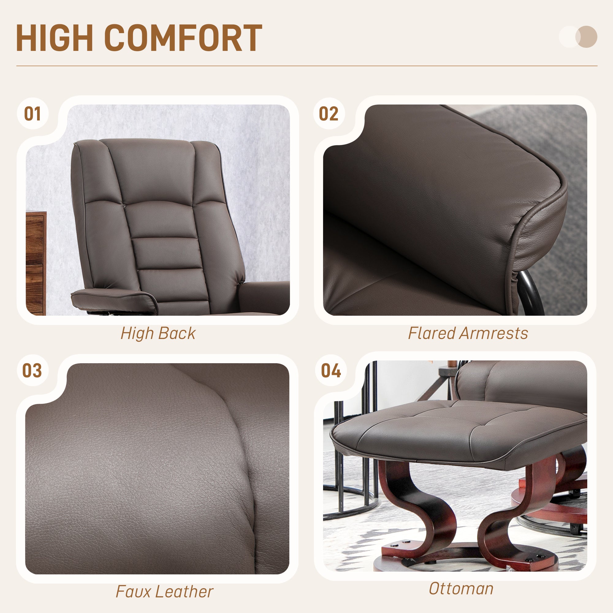 Faux Leather Reclining Chair with Ottoman, Manual Recliner with Tufted Back and Wood Frame for Living Room, Brown