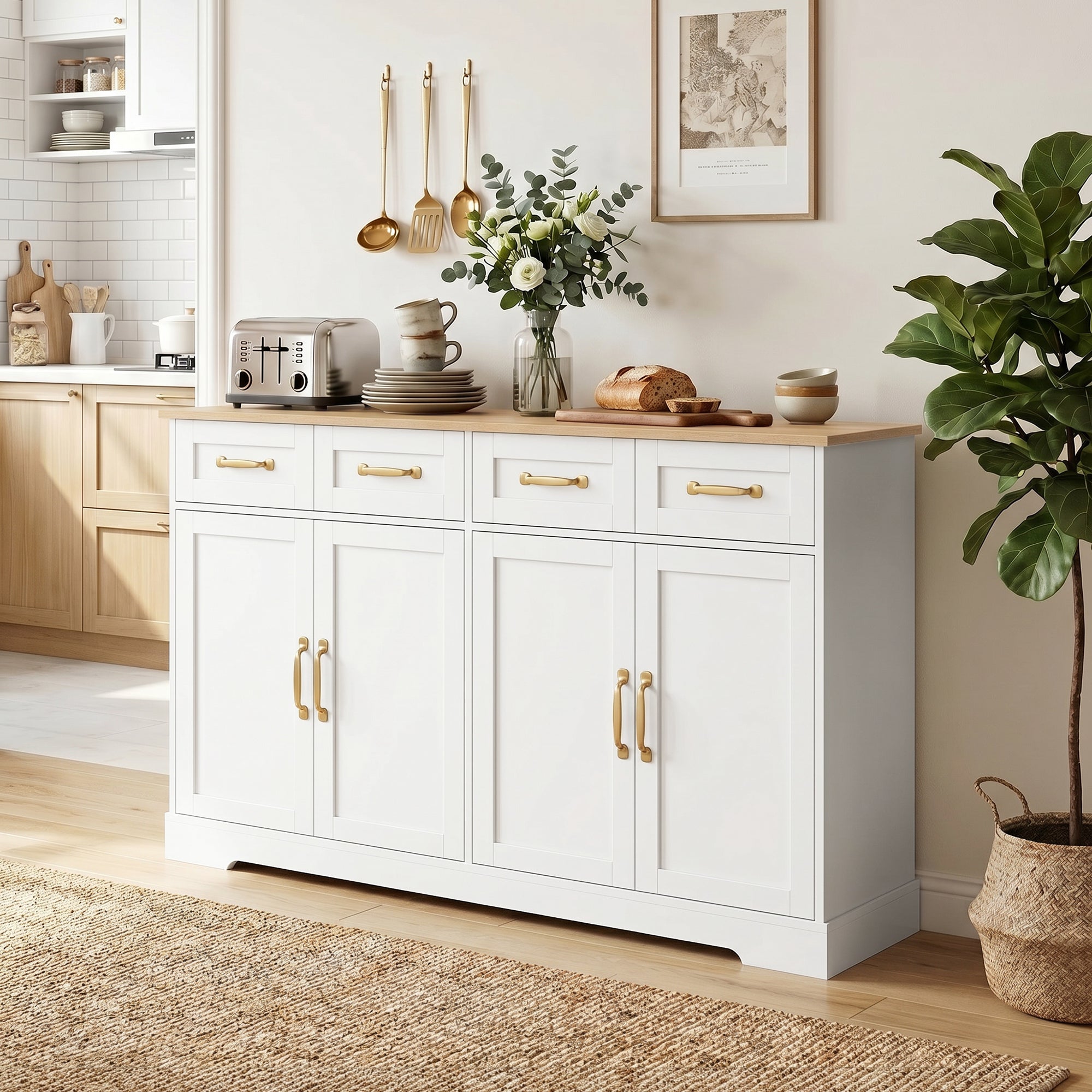 Sideboard Buffet Cabinet, 140 cm Modern Farmhouse Kitchen Storage Cabinet with 4 Drawers, 4 Doors and 2 Adjustable Shelves, Coffee Bar Station, White