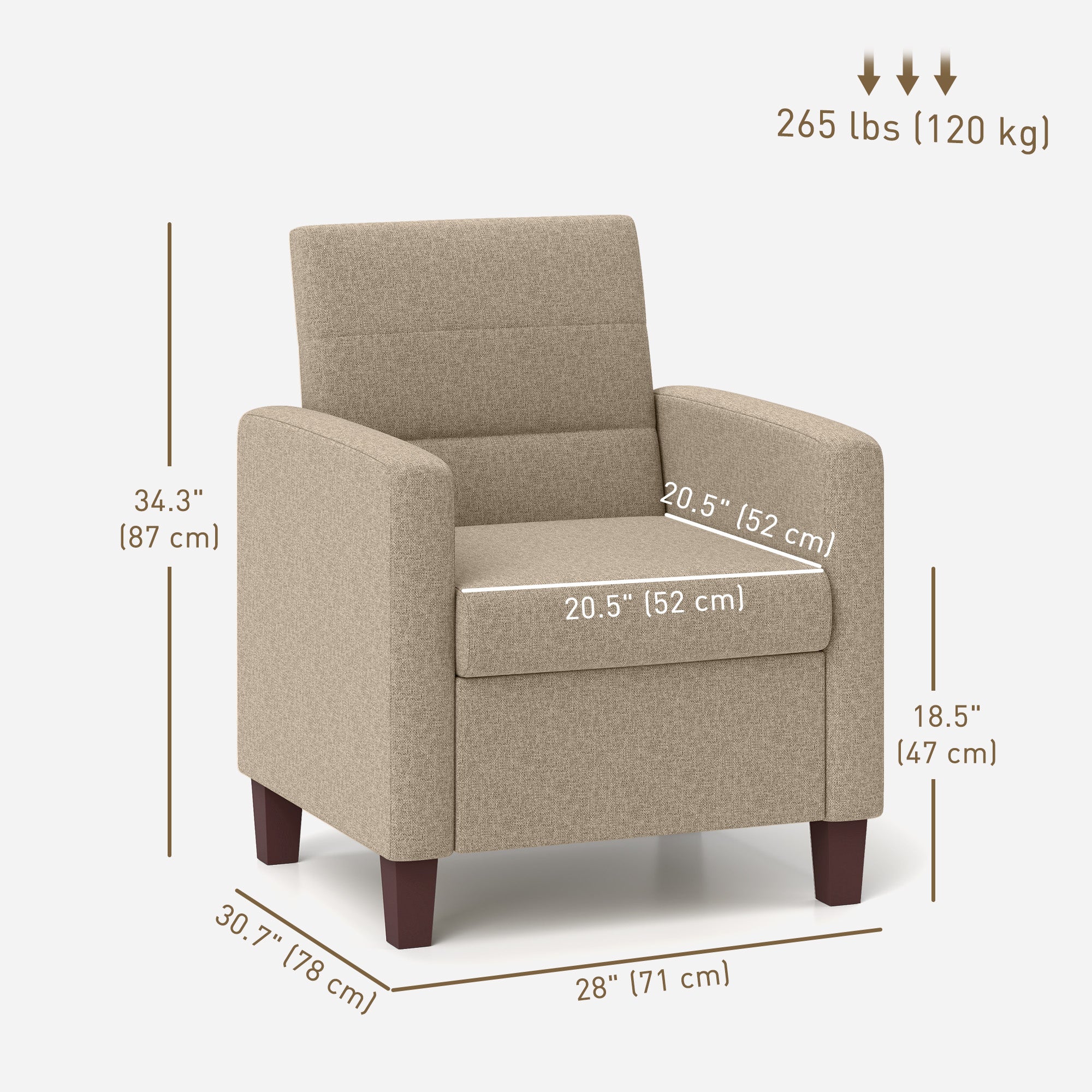 HOMCOM Modern Armchair, Fabric Accent Chair with Seat Cushion and Non-Slip Pads for Living Room, Bedroom, Light Brown