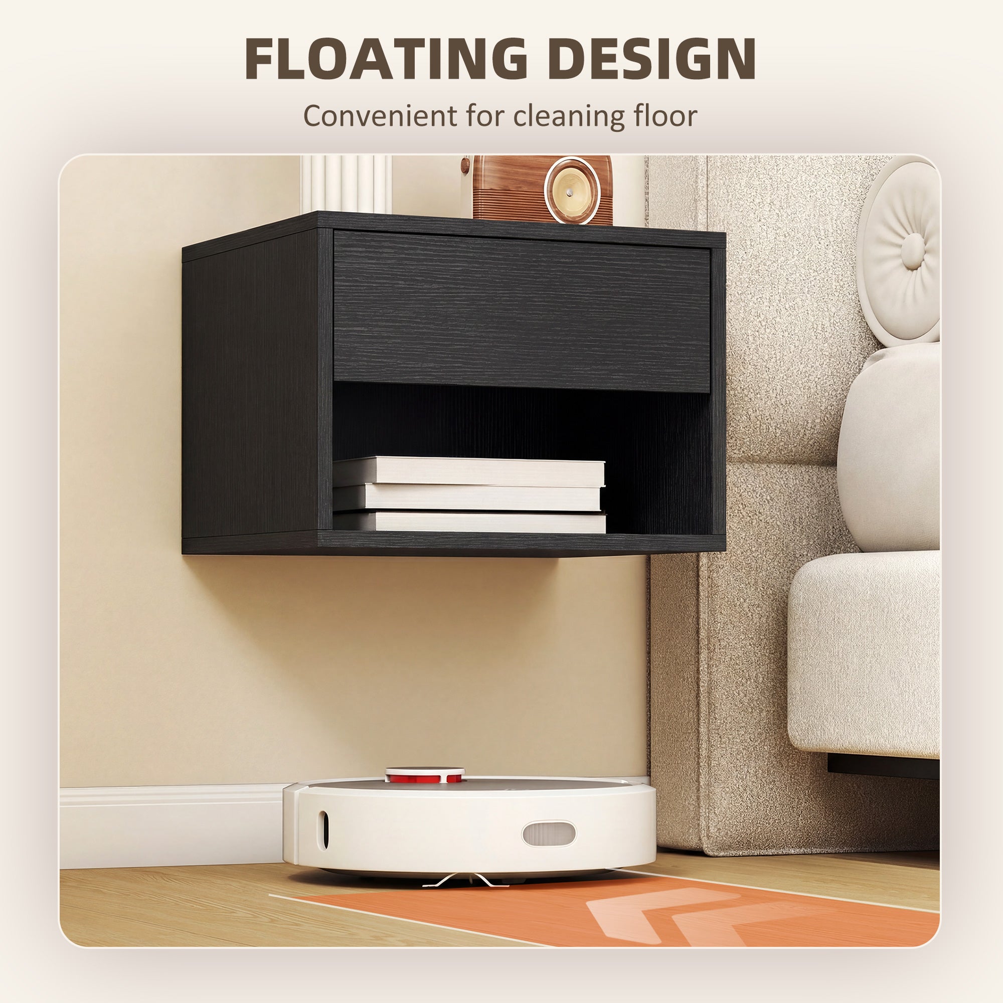 Floating Nightstand Set of 2, Wall Mounted Bedside Table with Drawer and Shelf, End Table for Bedroom, Black