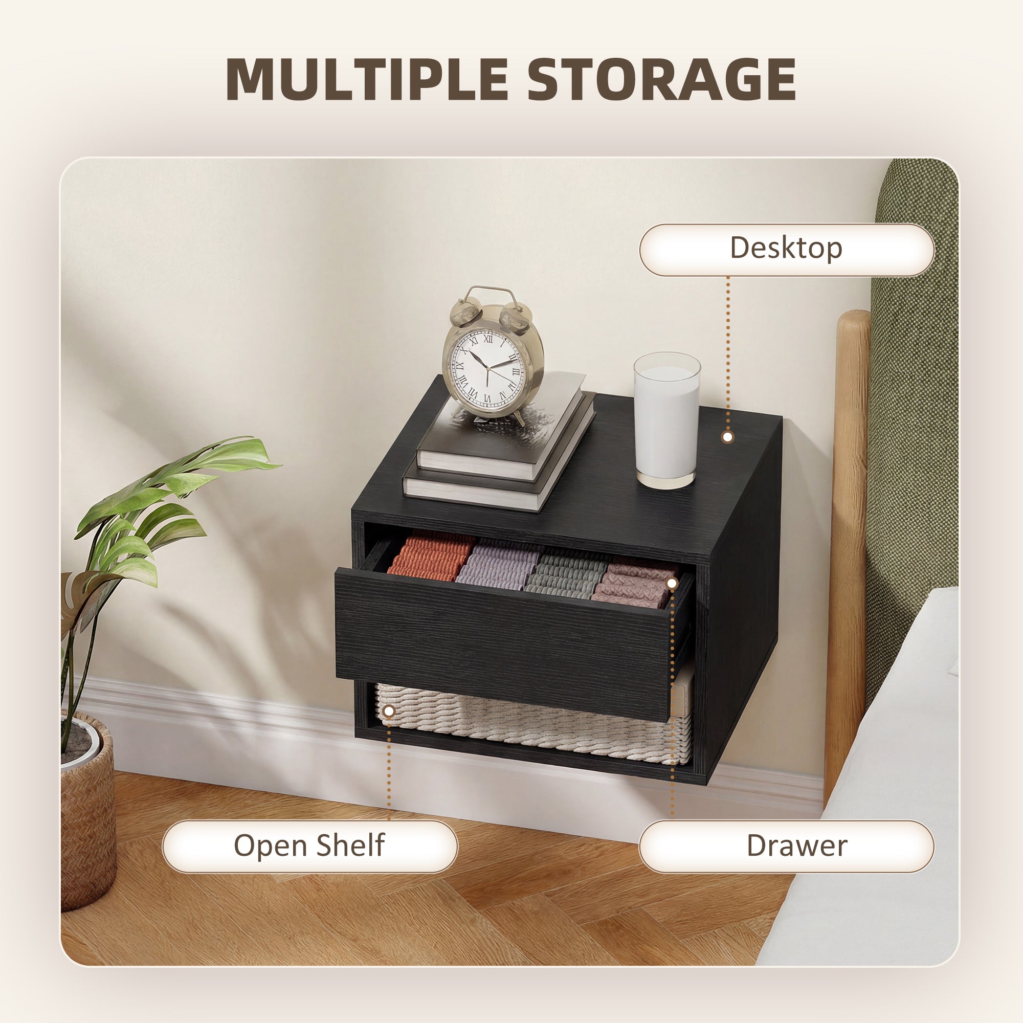 Floating Nightstand Set of 2, Wall Mounted Bedside Table with Drawer and Shelf, End Table for Bedroom, Black