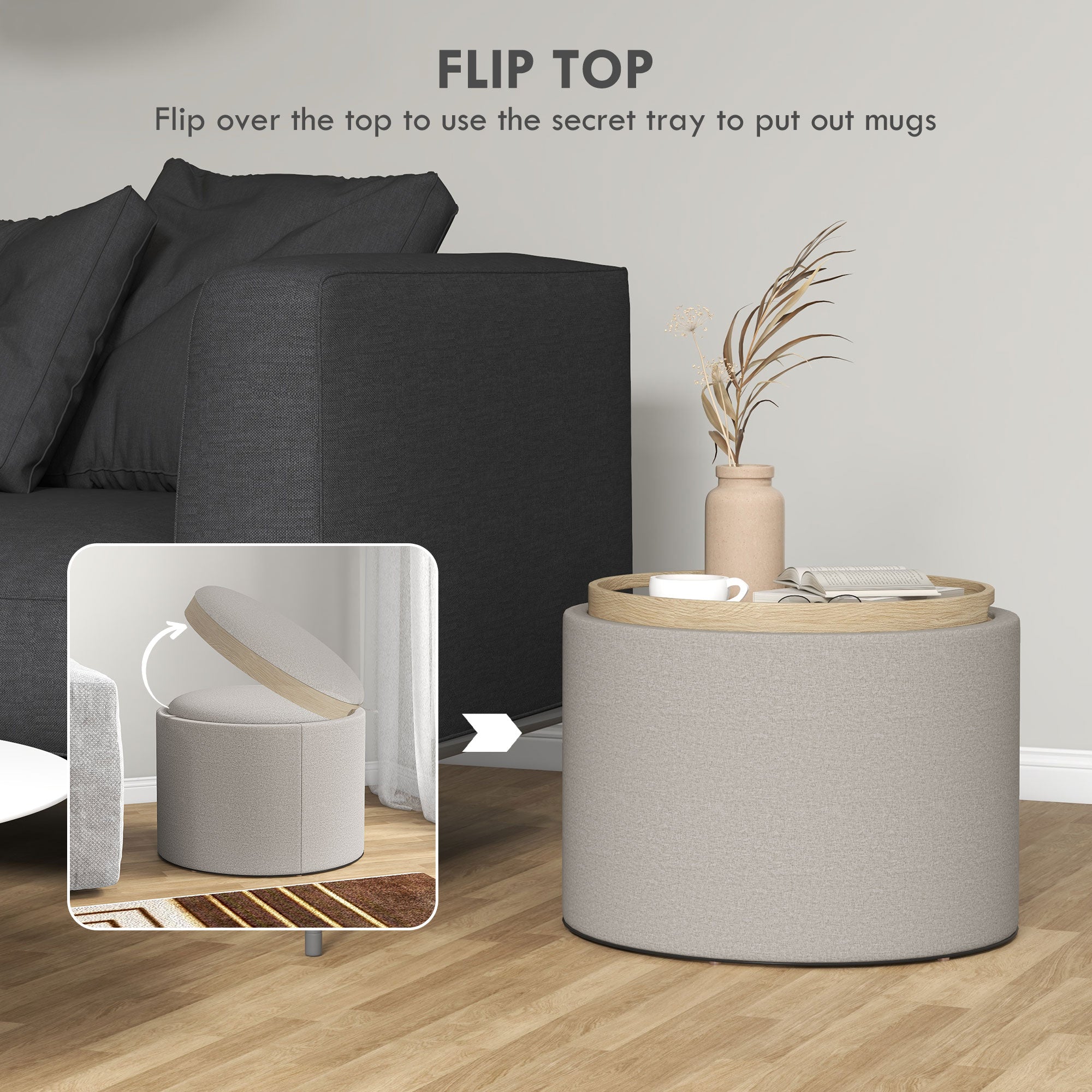 Round Storage Ottoman Coffee Table with Flip Top Tray, Linen Fabric Upholstered Footstool with Hidden Compartment