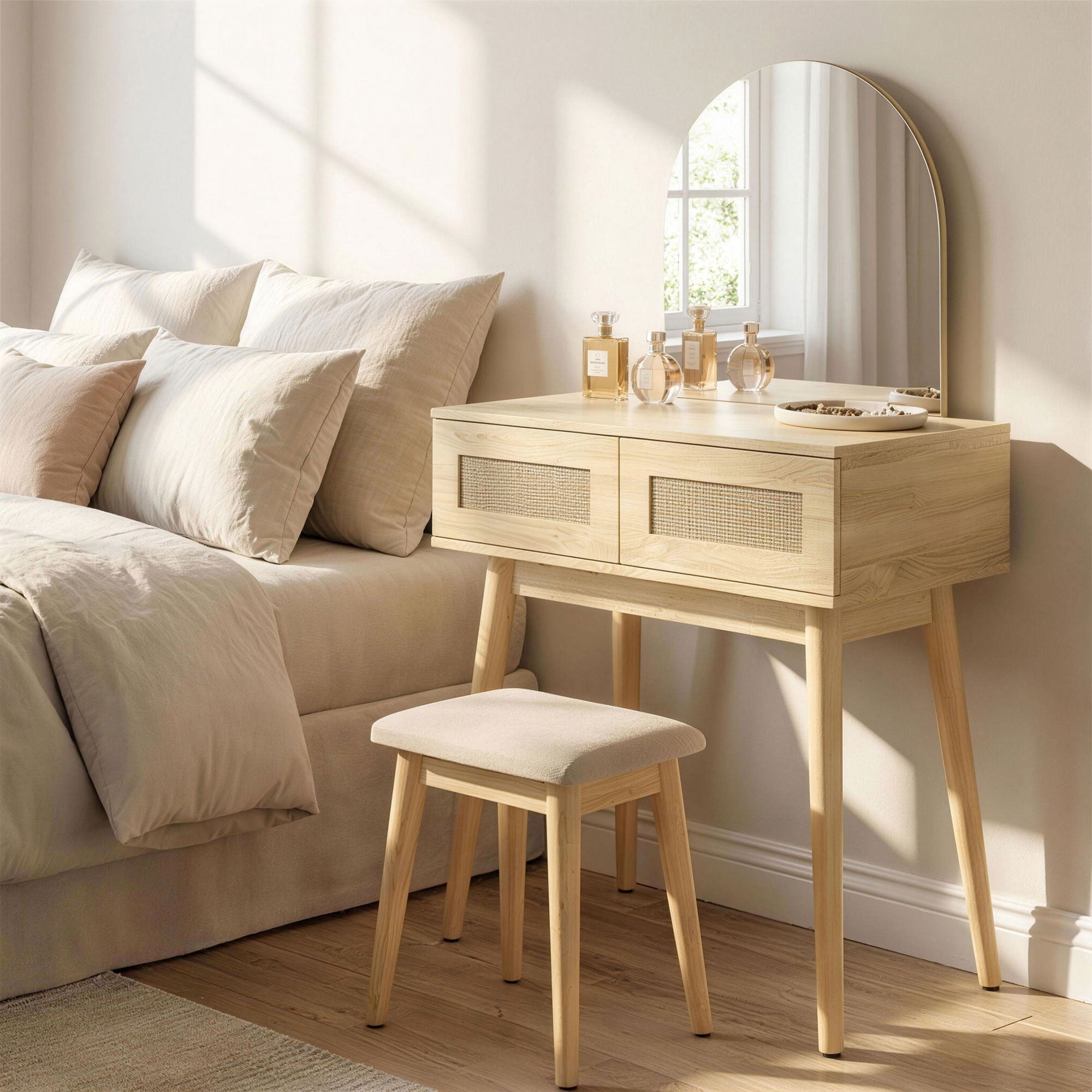 Vanity Desk with Arched Mirror, Modern Compact Makeup Vanity with 2 Drawers, Dressing Table for Bedroom, Natural Wood