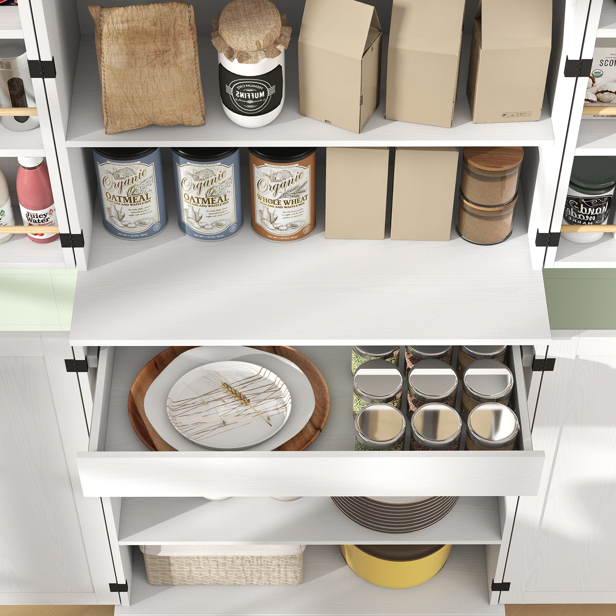 72" Tall Kitchen Pantry Cabinet, Farmhouse Storage Cabinet with 8 Door Racks and Drawer, Freestanding Food Pantry with Adjustable Shelves and Barn Doors, White