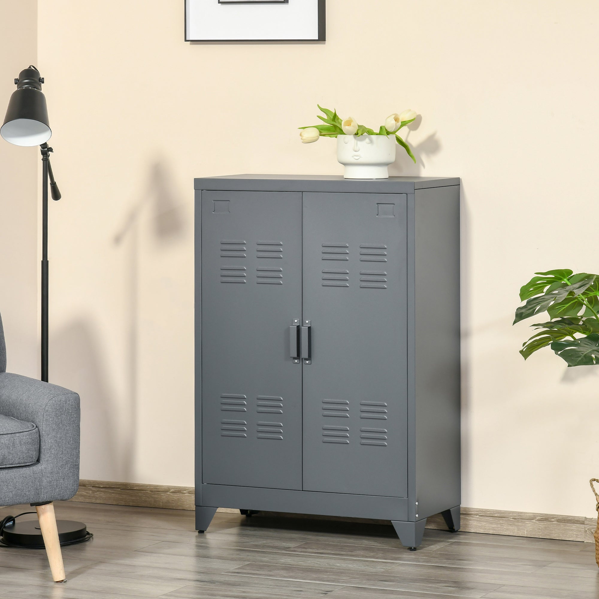 Industrial Storage Cabinet Steel Garage Cabinet with Double Doors and Adjustable Shelves Grey