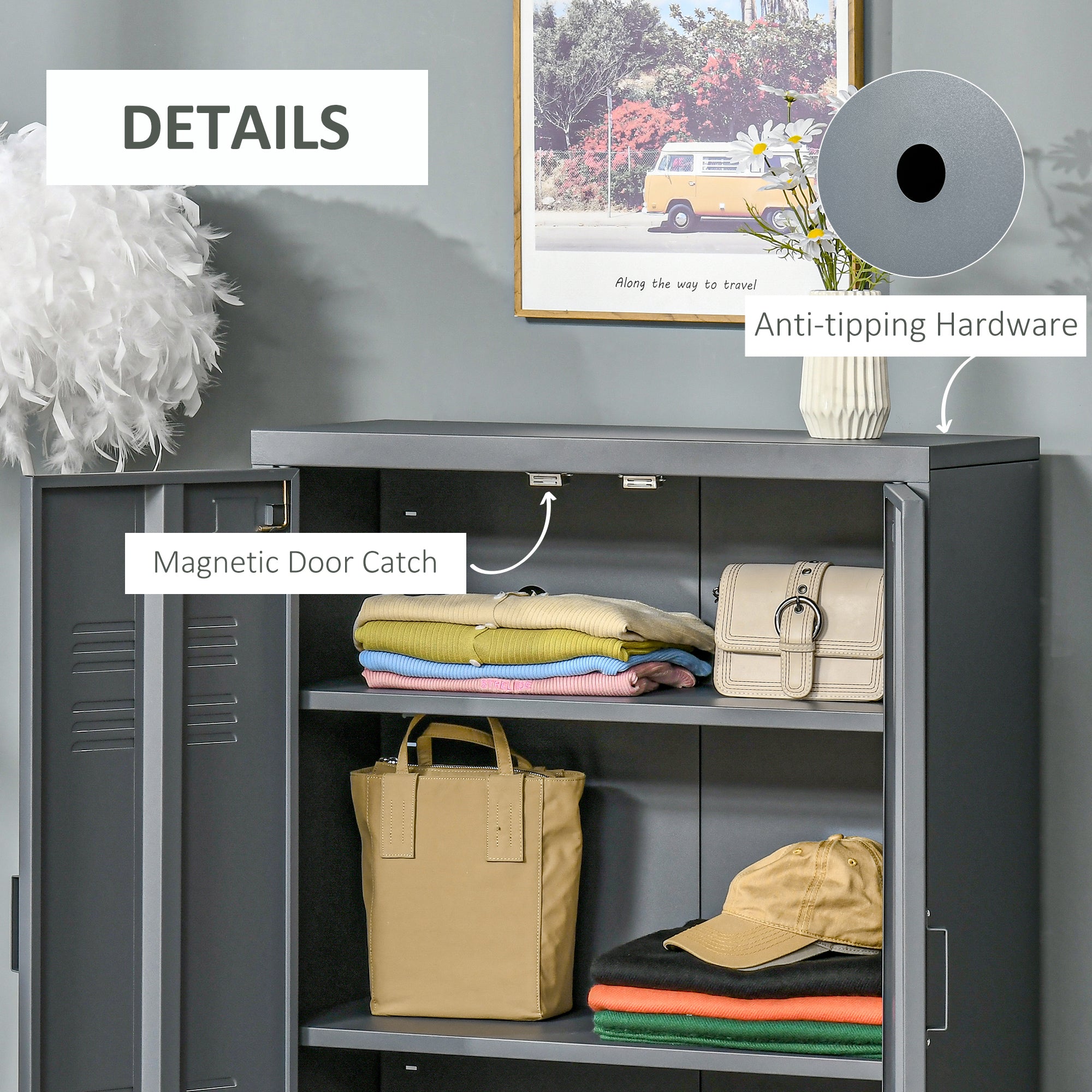 Industrial Storage Cabinet Steel Garage Cabinet with Double Doors and Adjustable Shelves Grey