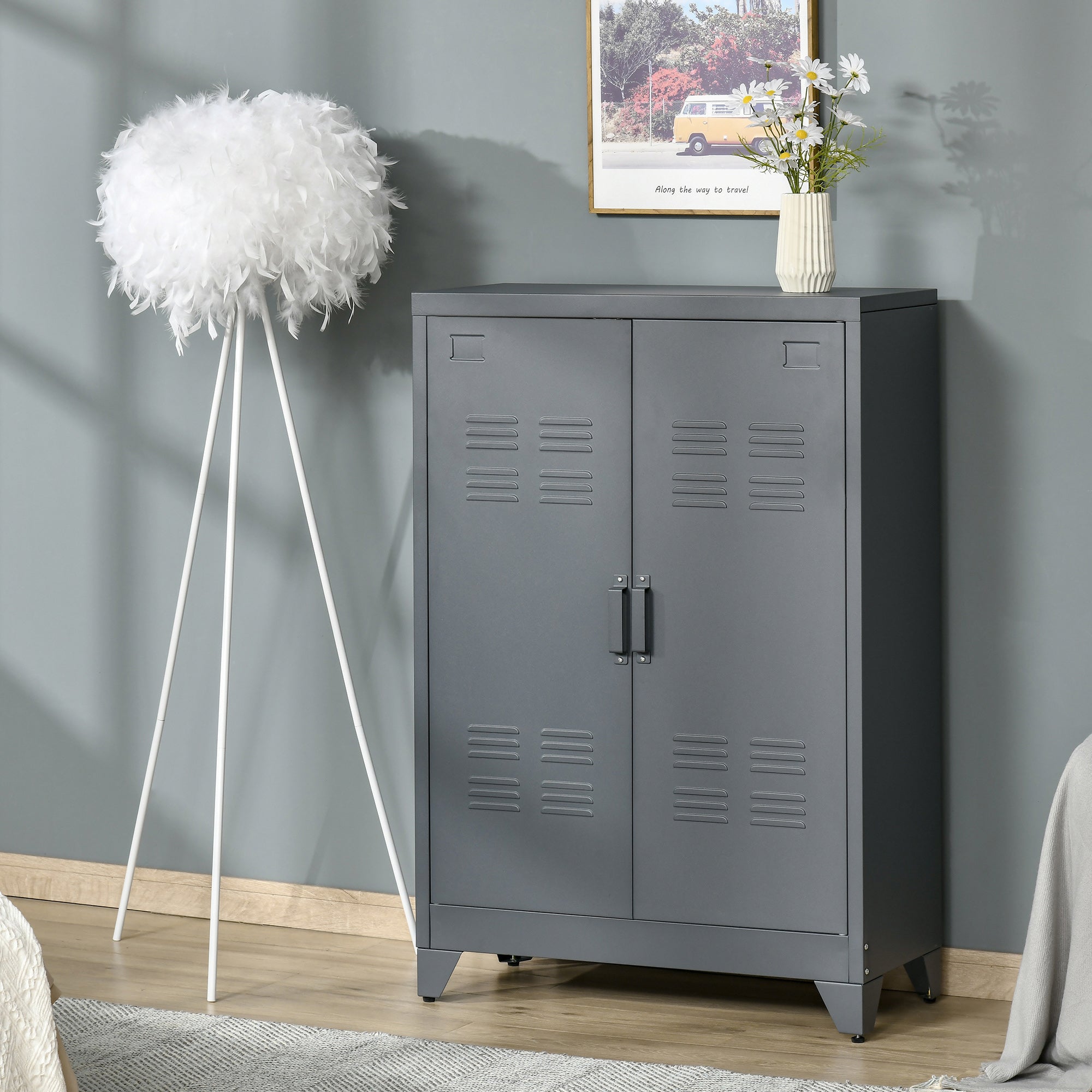 Industrial Storage Cabinet Steel Garage Cabinet with Double Doors and Adjustable Shelves Grey