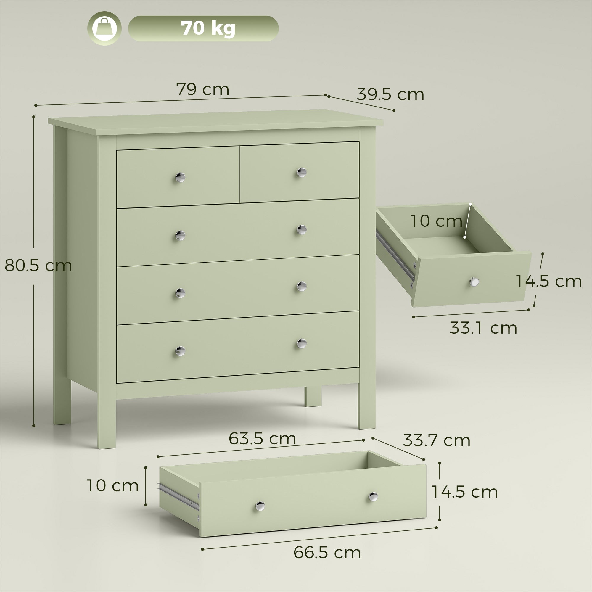 5 Drawer Chest of Drawers, Modern Dresser for Bedroom, Bedside Storage Cabinet, Wide Storage Unit with Glide Runners for Living Room, Hallway, Closet, 79 x 39.5 x 80.5 cm, Sage Green