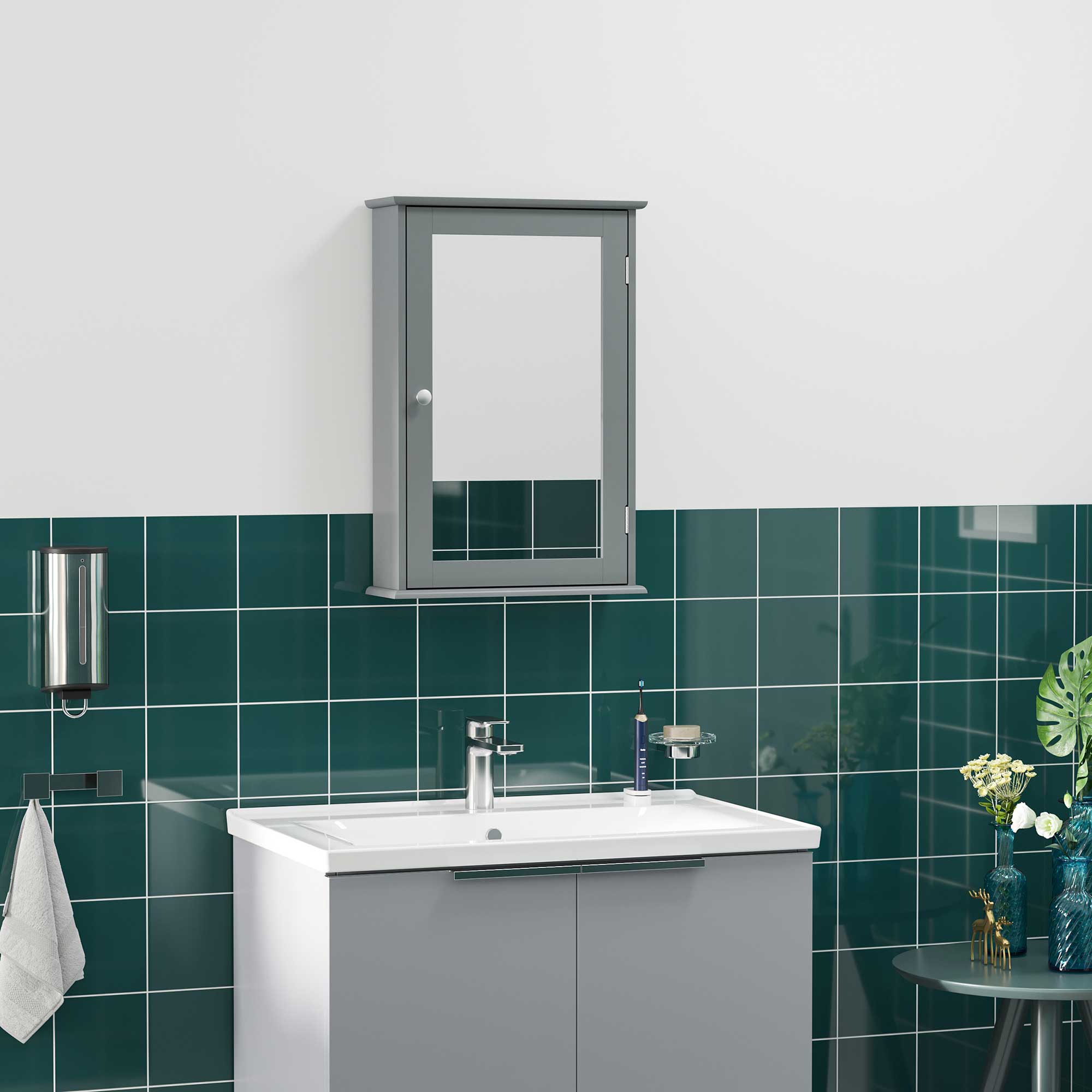kleankin Bathroom Mirror Cabinet, Wall Mounted Medicine Cabinet, Storage Cupboard with Door and Shelves, Grey