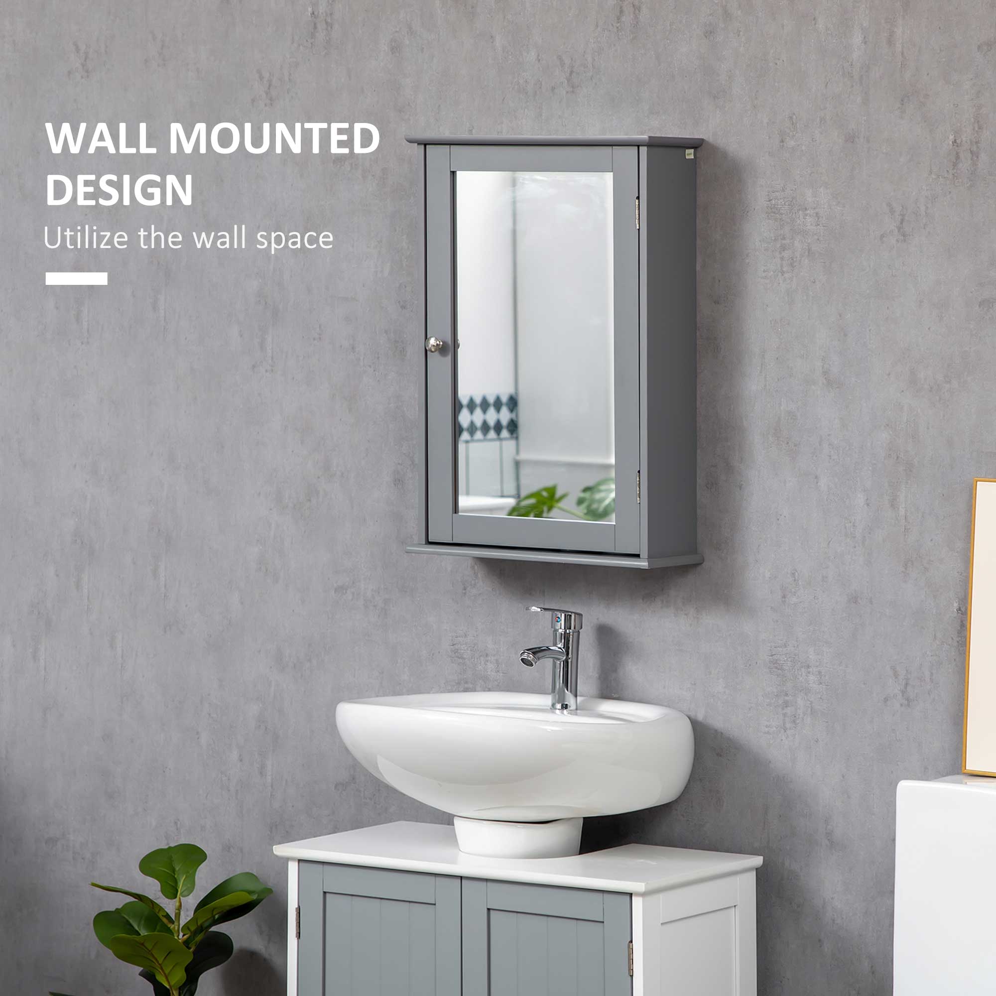 kleankin Bathroom Mirror Cabinet, Wall Mounted Medicine Cabinet, Storage Cupboard with Door and Shelves, Grey