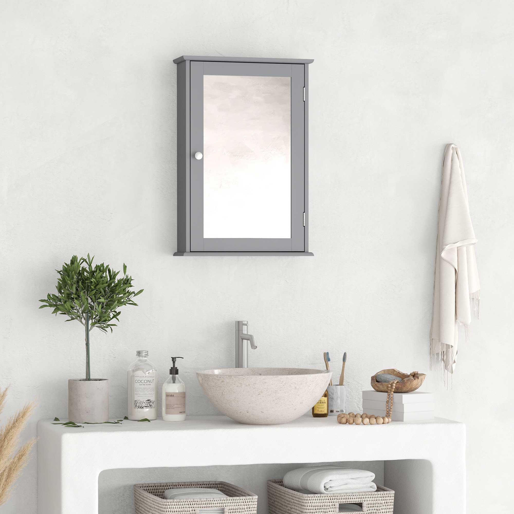 kleankin Bathroom Mirror Cabinet, Wall Mounted Medicine Cabinet, Storage Cupboard with Door and Shelves, Grey
