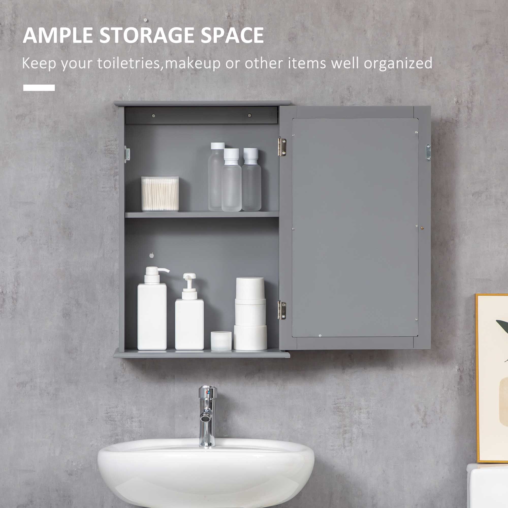 kleankin Bathroom Mirror Cabinet, Wall Mounted Medicine Cabinet, Storage Cupboard with Door and Shelves, Grey