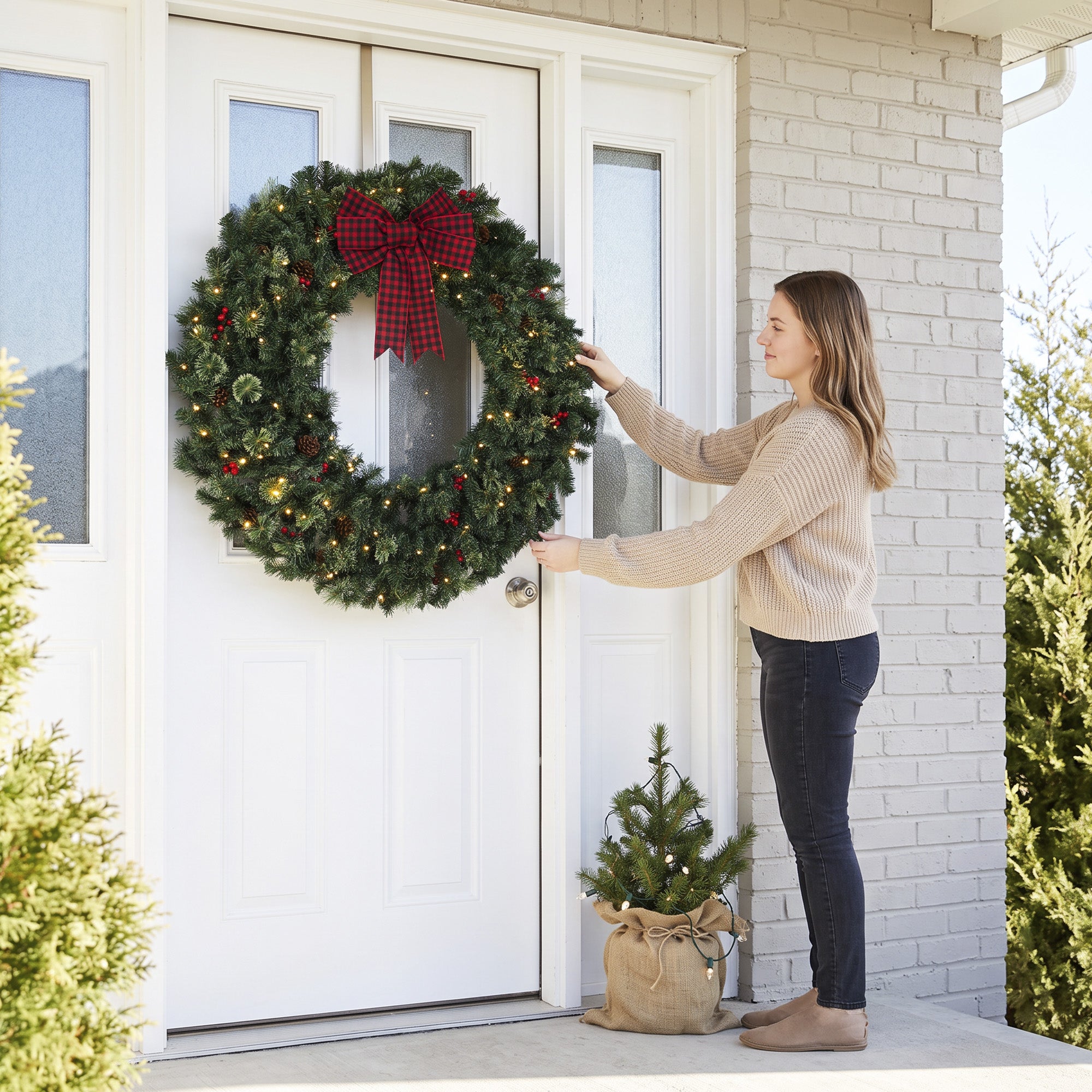 48 in Pre-Lit Crestwood Spruce Artificial Christmas Wreath, Christmas Decoration with Bow, 150 LED Lights, 500 Tips, 8 Modes, Red Berries, Pinecones for Door, Indoor Covered Outdoor, Green