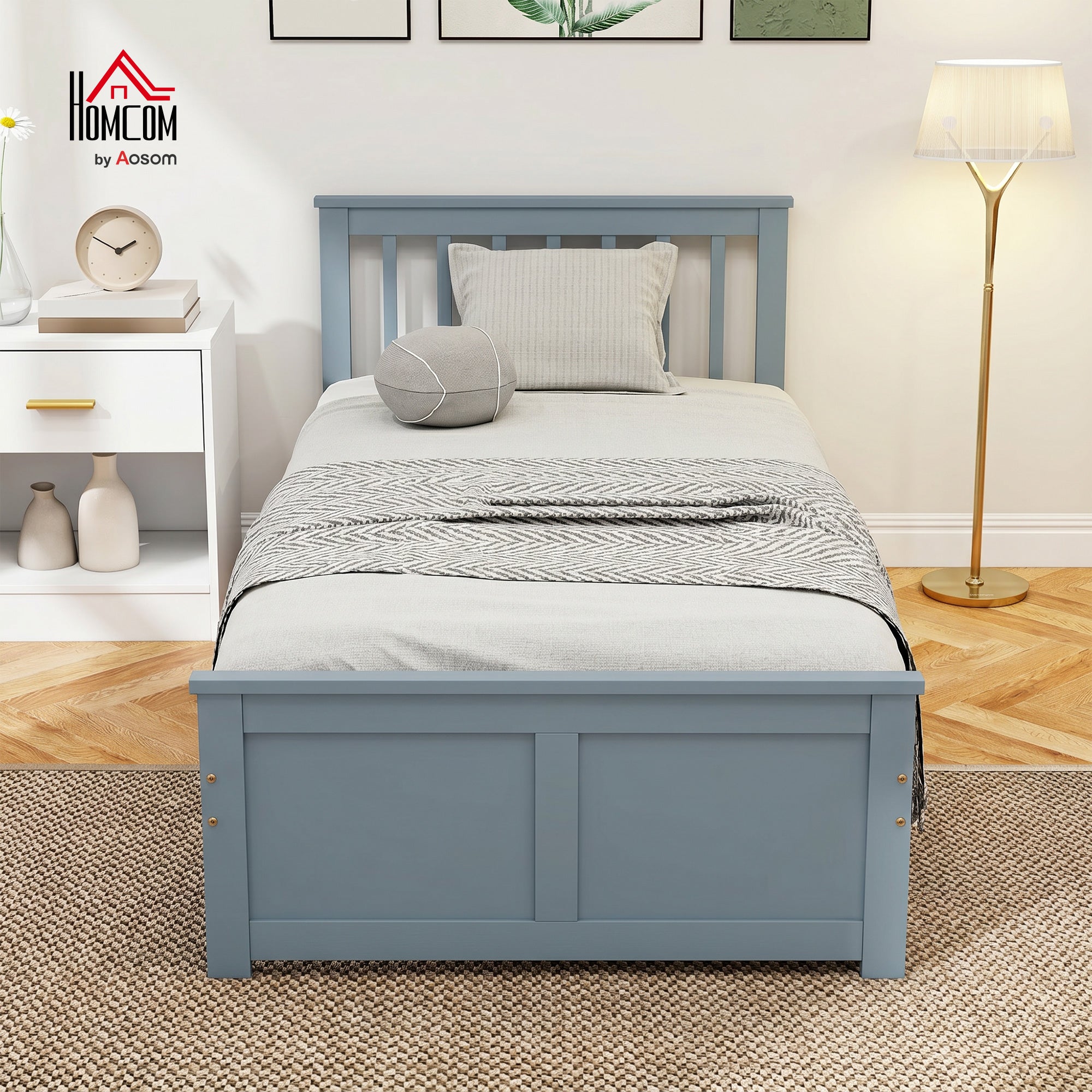 3ft Single Solid Wooden Bed Frame, Pine Storage Bed with Drawers, Headboard, Wood Slat Support, No Box Spring Needed, Easy Assembly, 90 x 190 cm, Grey