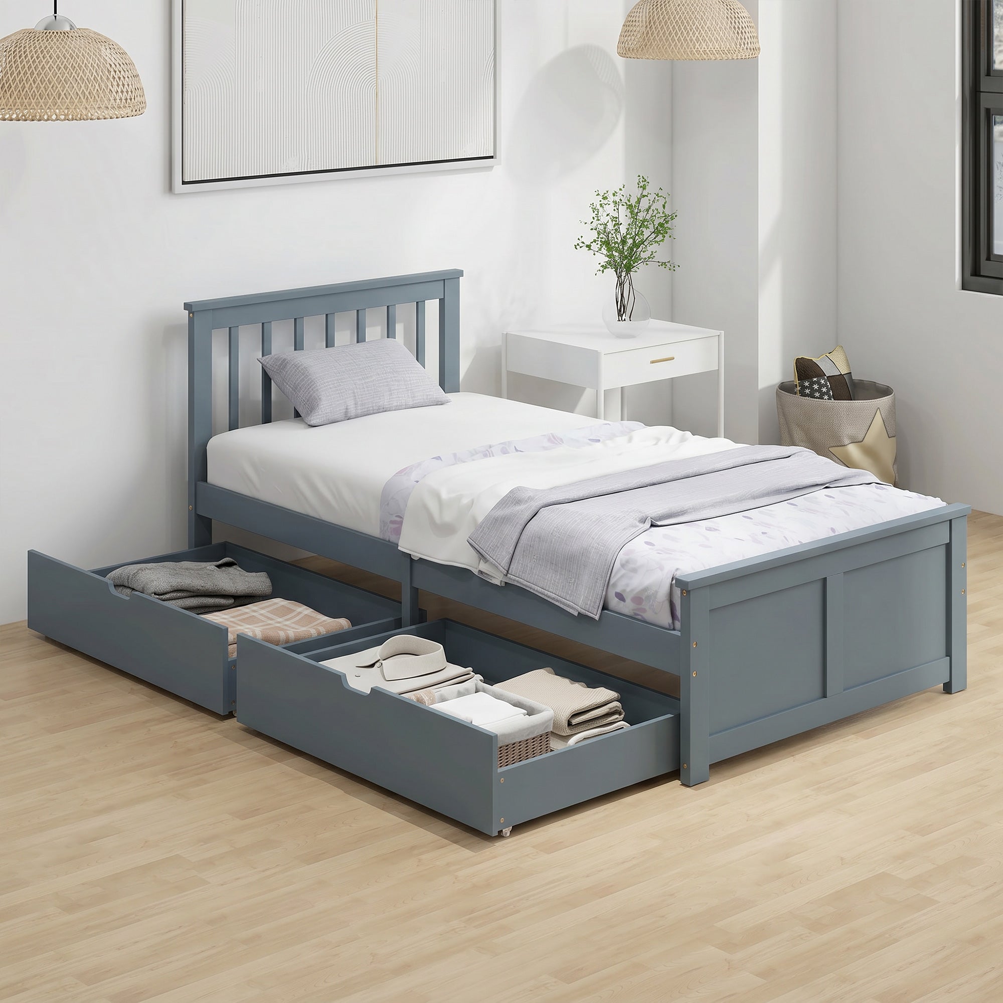 3ft Single Solid Wooden Bed Frame, Pine Storage Bed with Drawers, Headboard, Wood Slat Support, No Box Spring Needed, Easy Assembly, 90 x 190 cm, Grey