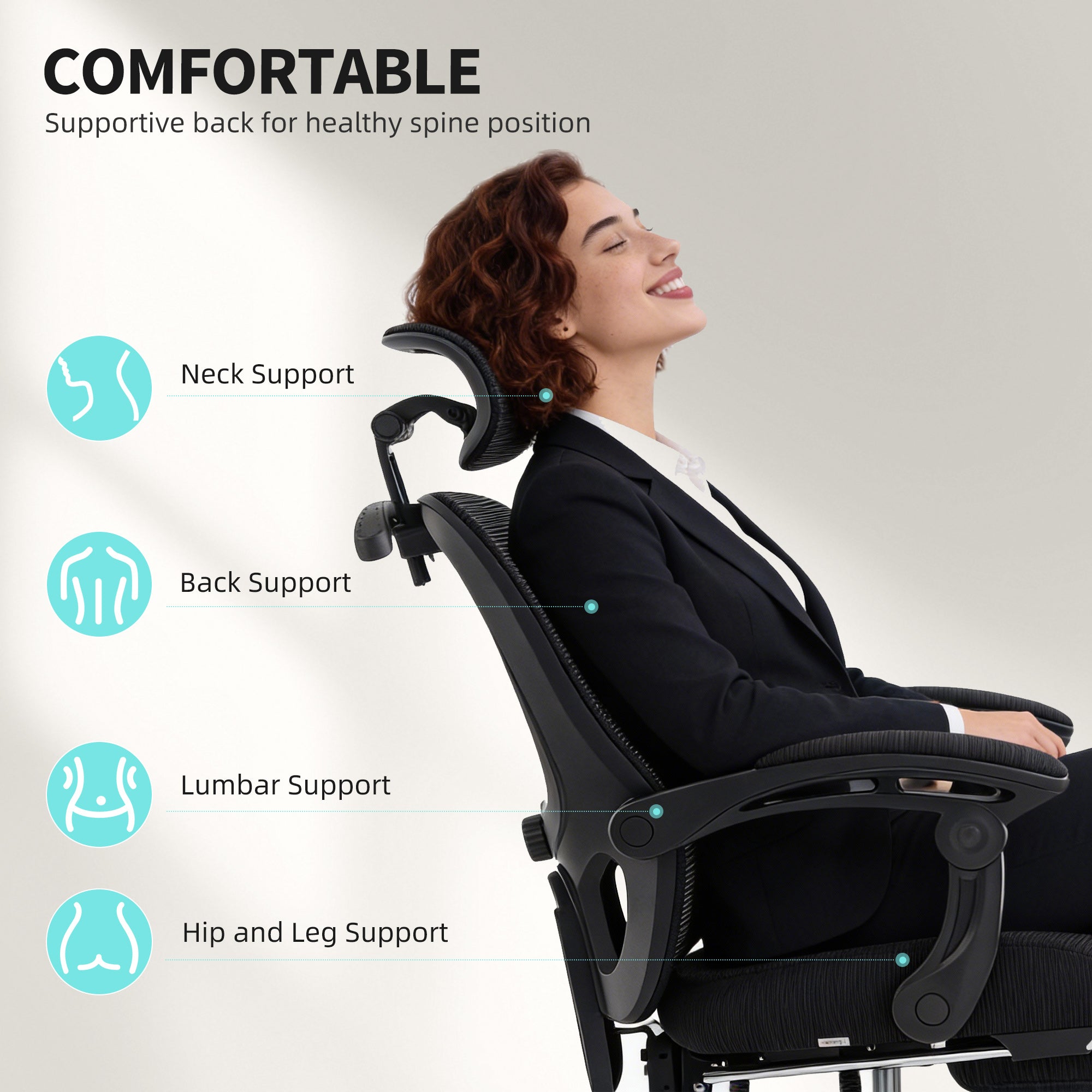 Ergonomic Office Chair, Mesh Computer Desk Chair with Adjustable Headrest, Lumbar Support, High Back, Reclining Function, Retractable Footrest, Black