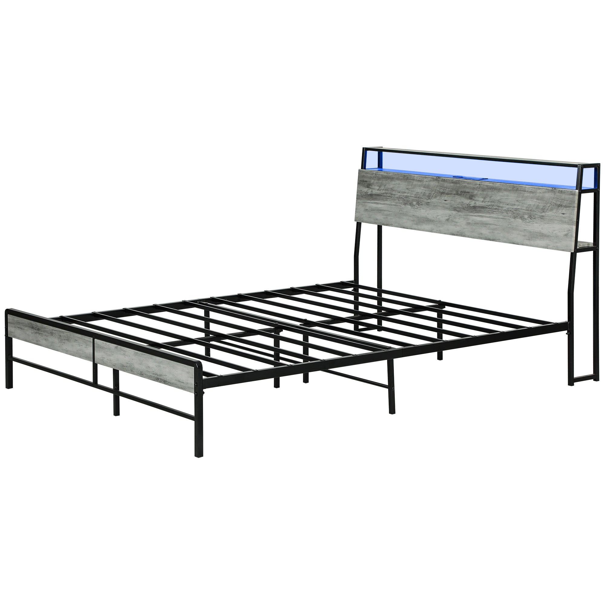 HOMCOM 5ft King Size Bed Frame with LED Lights and Charging Station, Platform Bed Frame with Storage Headboard, Steel Slat Support, No Box Spring Needed, Easy Assembly, Cement Grey