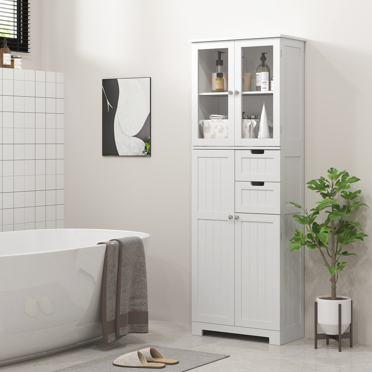 Tall Bathroom Cabinet, Modern Floor Bathroom Storage Cabinet with Glass Doors, Adjustable Shelves, Drawers, Freestanding Linen Tower, White