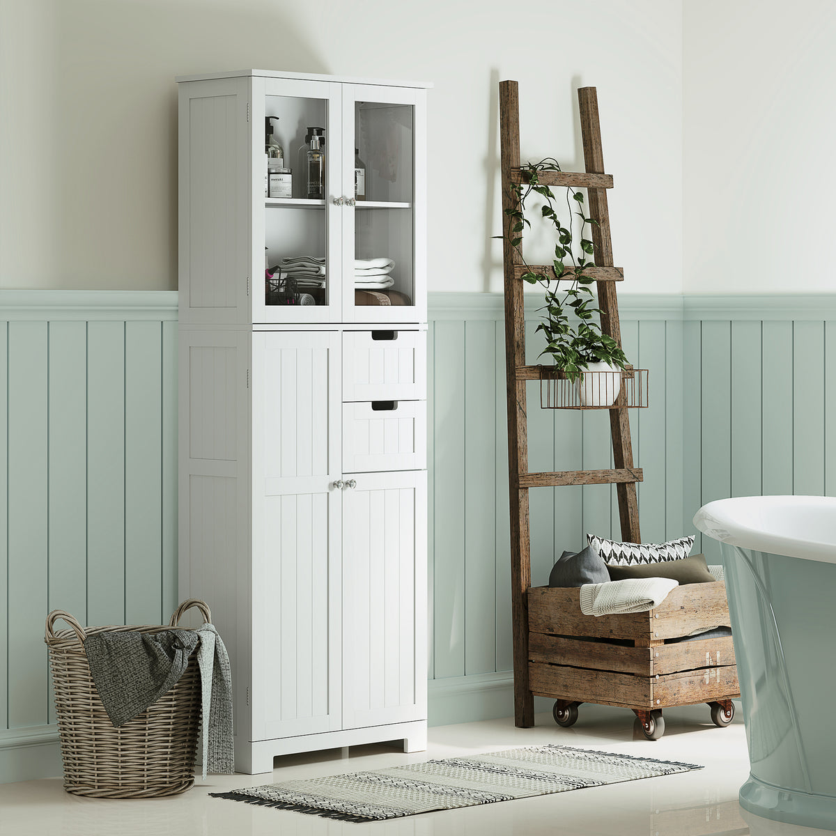 Tall Bathroom Cabinet, Modern Floor Bathroom Storage Cabinet with Glass Doors, Adjustable Shelves, Drawers, Freestanding Linen Tower, White