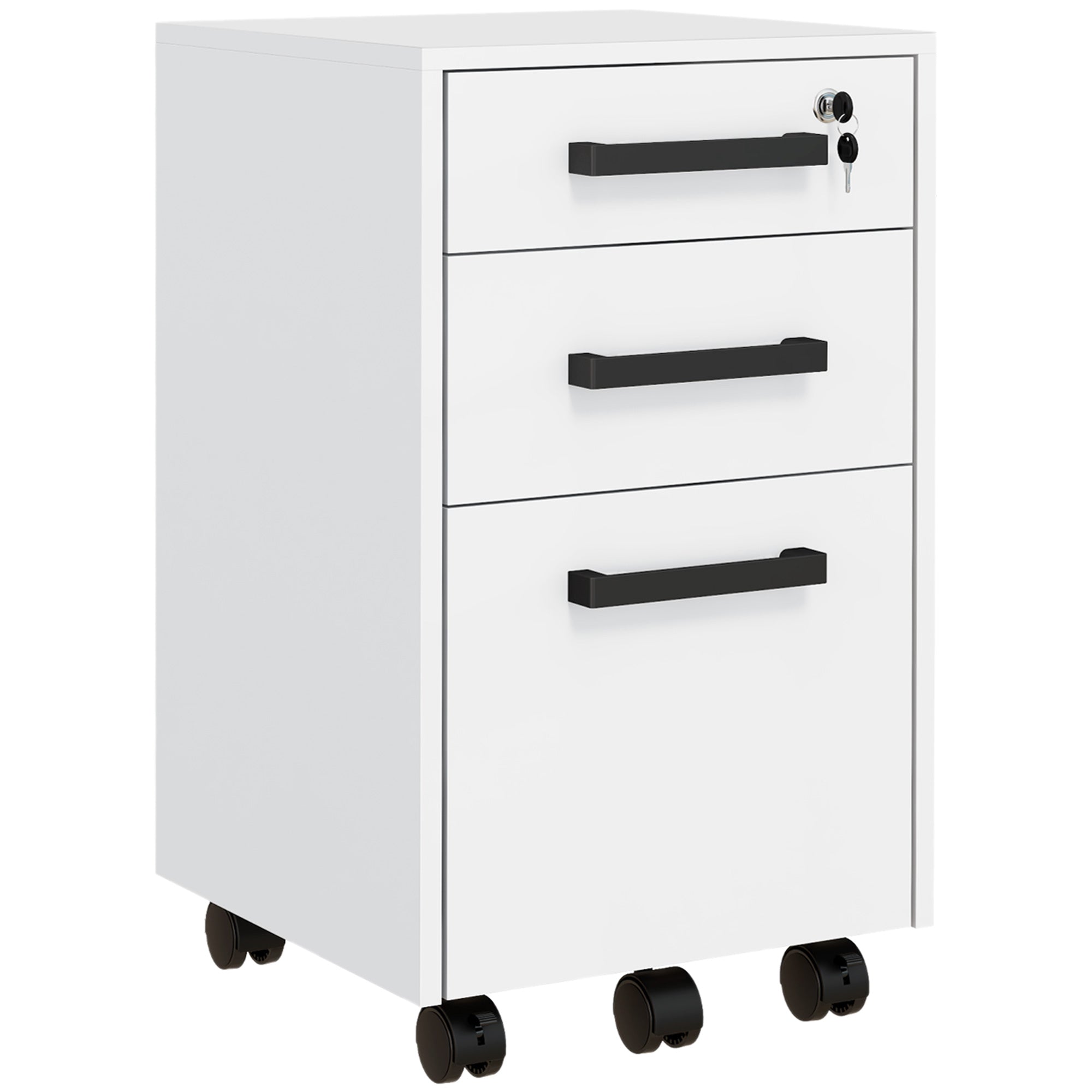 HOMCOM 3 Drawer File Cabinet with Lock and Flat Top, Lockable Filing Cabinet on Wheels with Hanging Bars for Letter and A4 Size, White