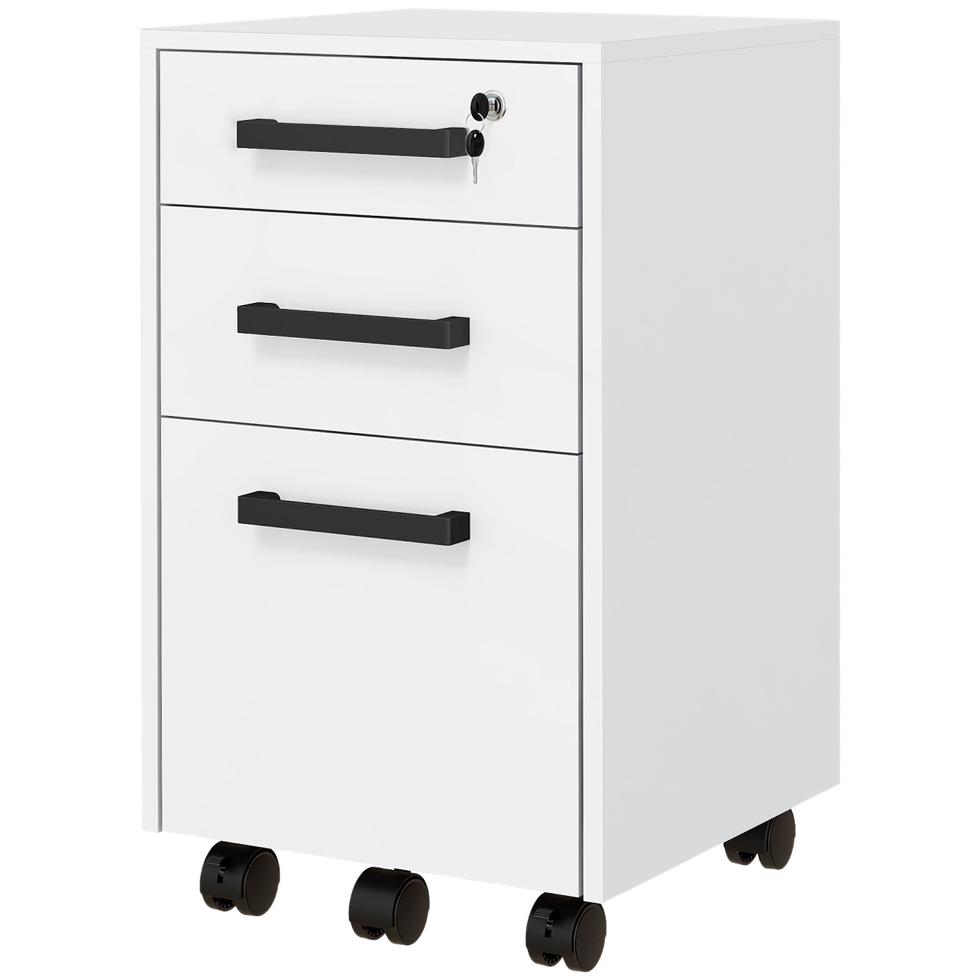 HOMCOM 3 Drawer File Cabinet with Lock and Flat Top, Lockable Filing Cabinet on Wheels with Hanging Bars for Letter and A4 Size, White