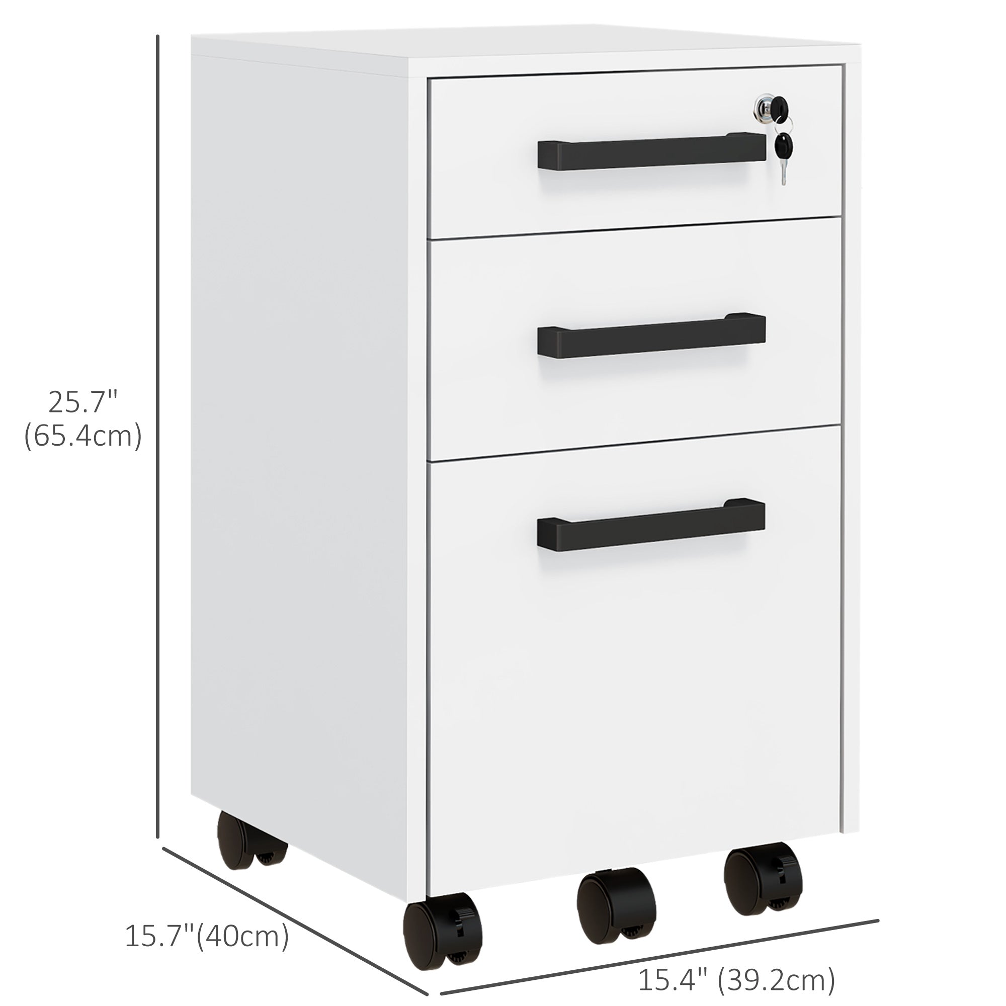 HOMCOM 3 Drawer File Cabinet with Lock and Flat Top, Lockable Filing Cabinet on Wheels with Hanging Bars for Letter and A4 Size, White