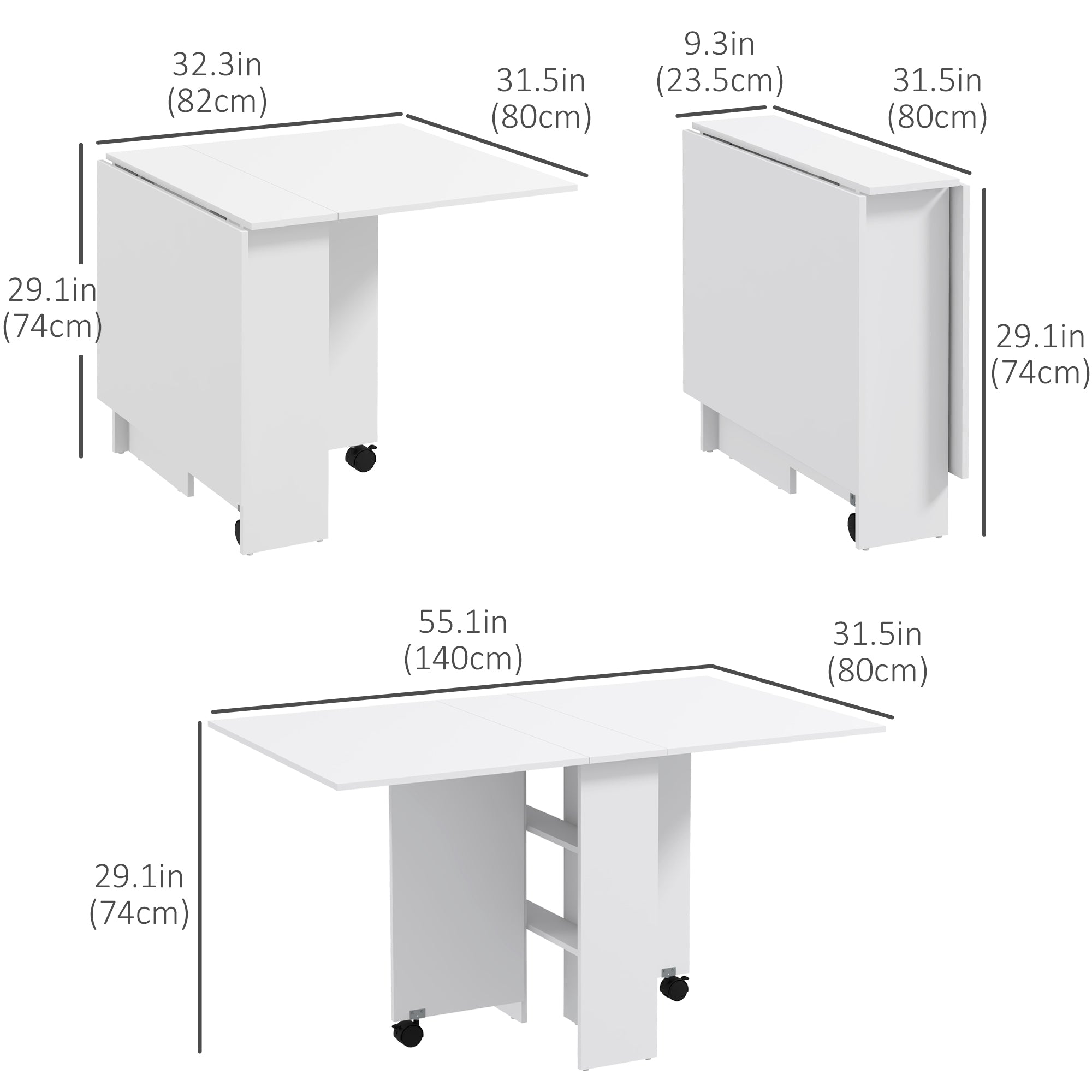 HOMCOM Folding Dining Table, 55" Drop Leaf Table for Small Spaces, Foldable Table with Storage Shelves for Kitchen, Dining Room, White