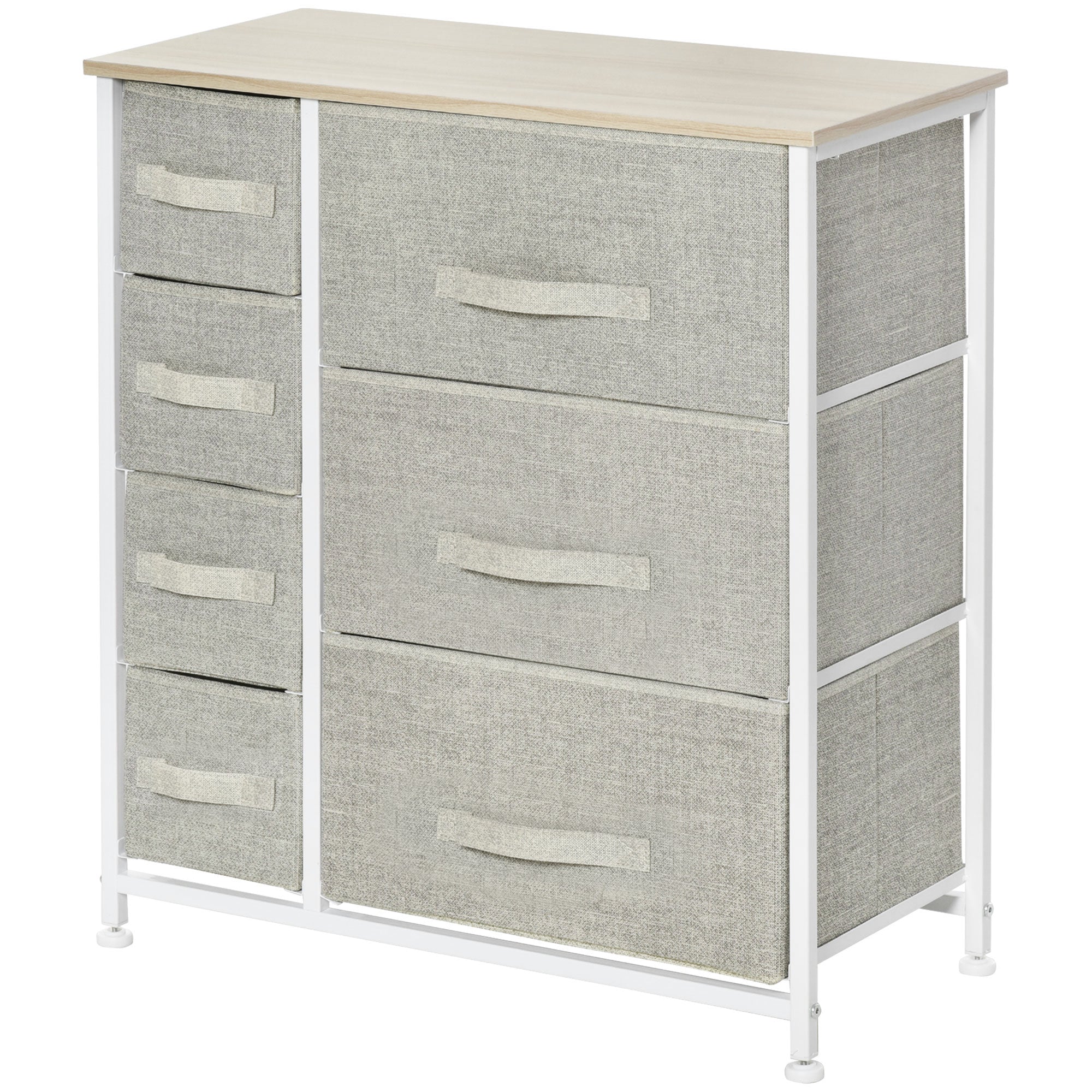 HOMCOM Vertical 7 Linen Drawers Cabinet Organizer Storage Dresser Tower with Metal Frame Adjustable Feet for Living Room, Bathroom, Kitchen, White, Oak and Light Grey