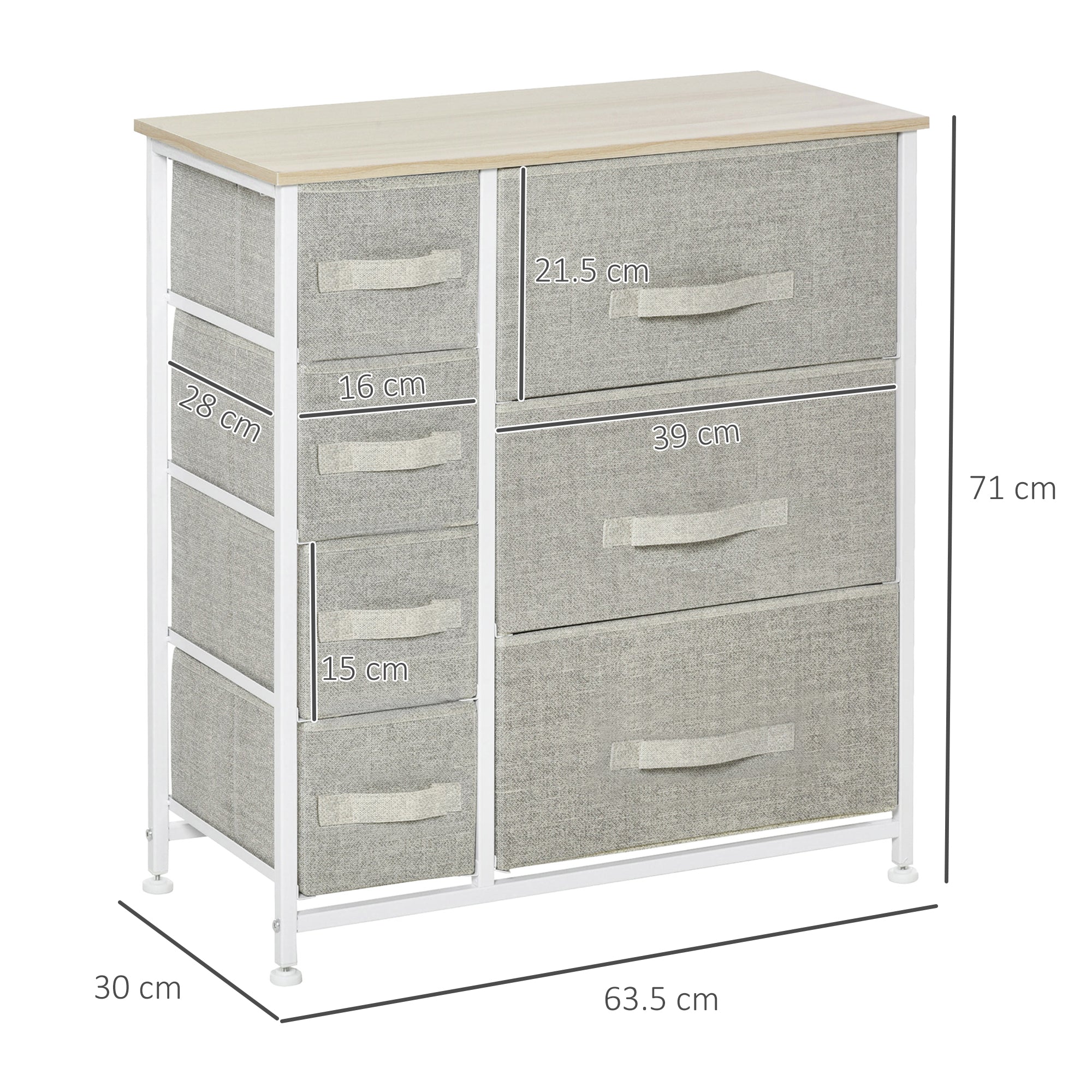 HOMCOM Vertical 7 Linen Drawers Cabinet Organizer Storage Dresser Tower with Metal Frame Adjustable Feet for Living Room, Bathroom, Kitchen, White, Oak and Light Grey