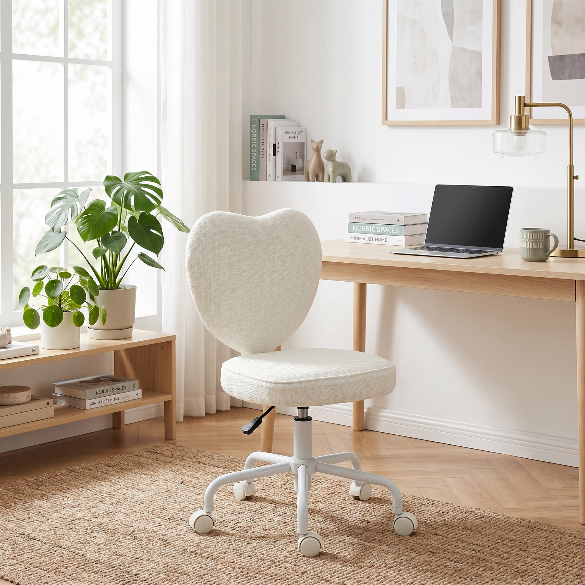 Armless Home Office Chair, Modern Fabric Makeup Vanity Chair with Heart Shape, Swivel Wheels, Height Adjustable, White