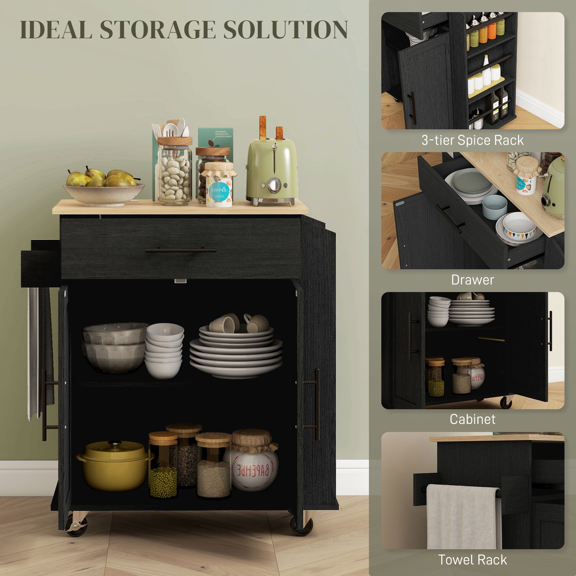 HOMCOM Kitchen Island on Wheels with Power Outlet, Rolling Kitchen Cart with Storage Drawer, Portable Microwave Stand with Cabinet, Towel Rack and Spice Rack (Black)