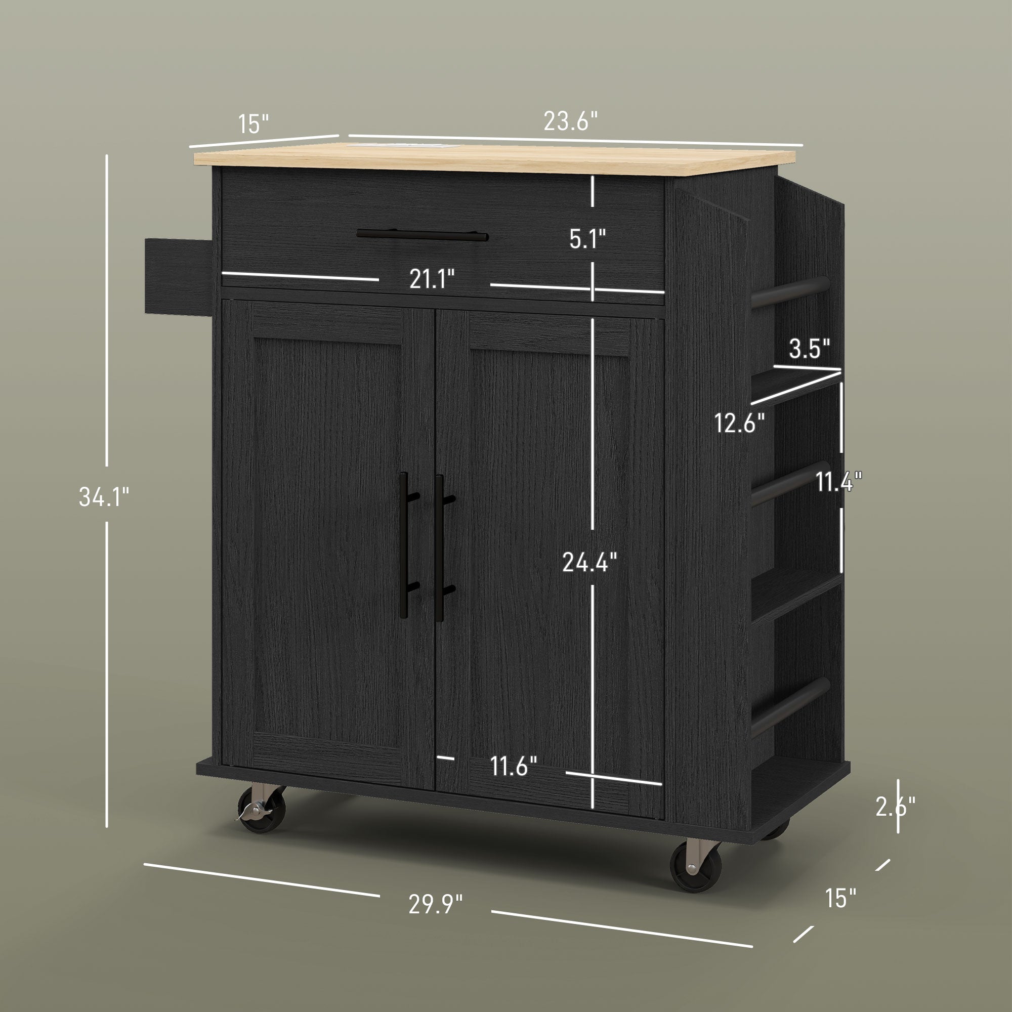 Rolling Island with Wheels for Kitchen, Kitchen Island on Rollers with Power Outlets, Drawer, and Doors, Black - HOMCOM
