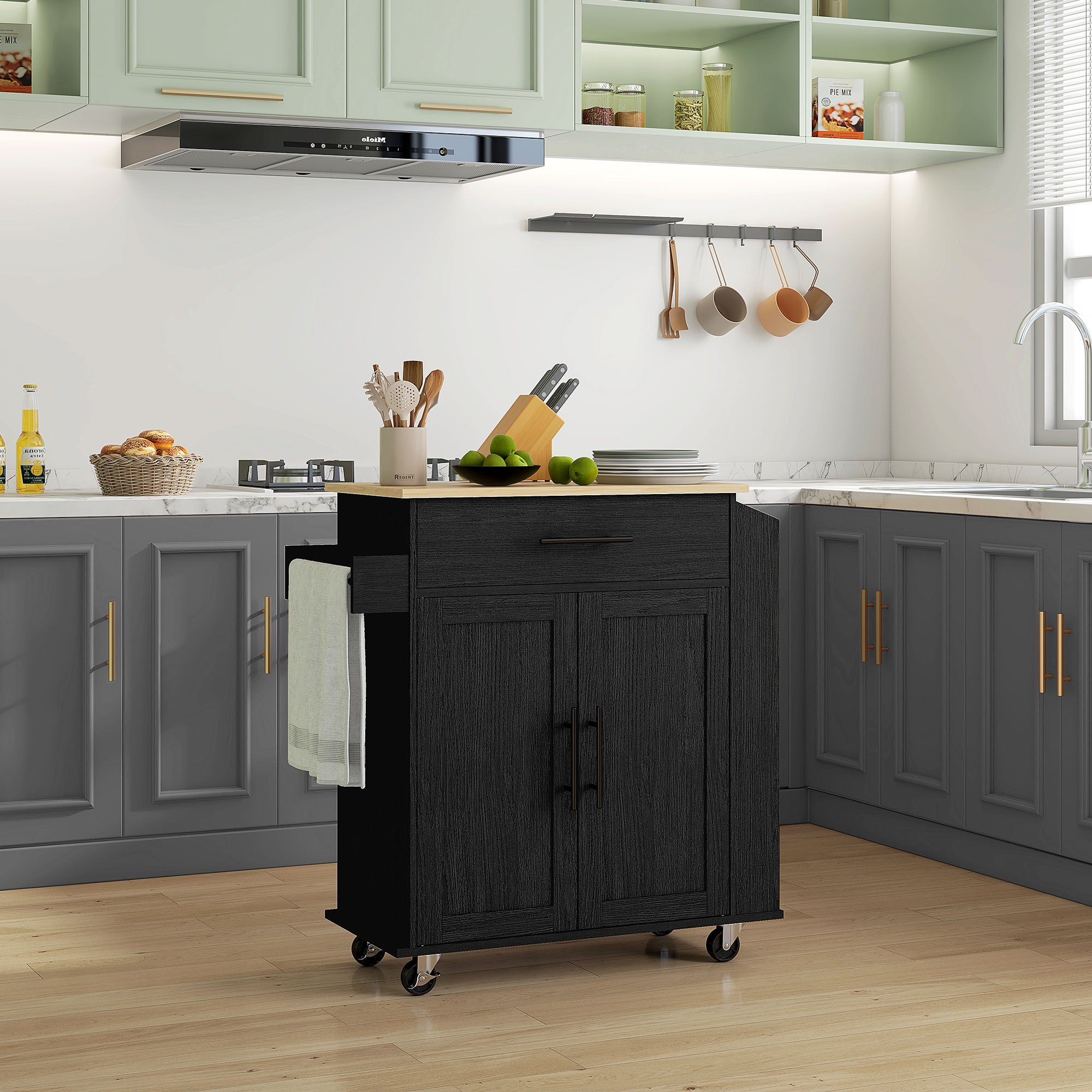Rolling Island with Wheels for Kitchen, Kitchen Island on Rollers with Power Outlets, Drawer, and Doors, Black - HOMCOM