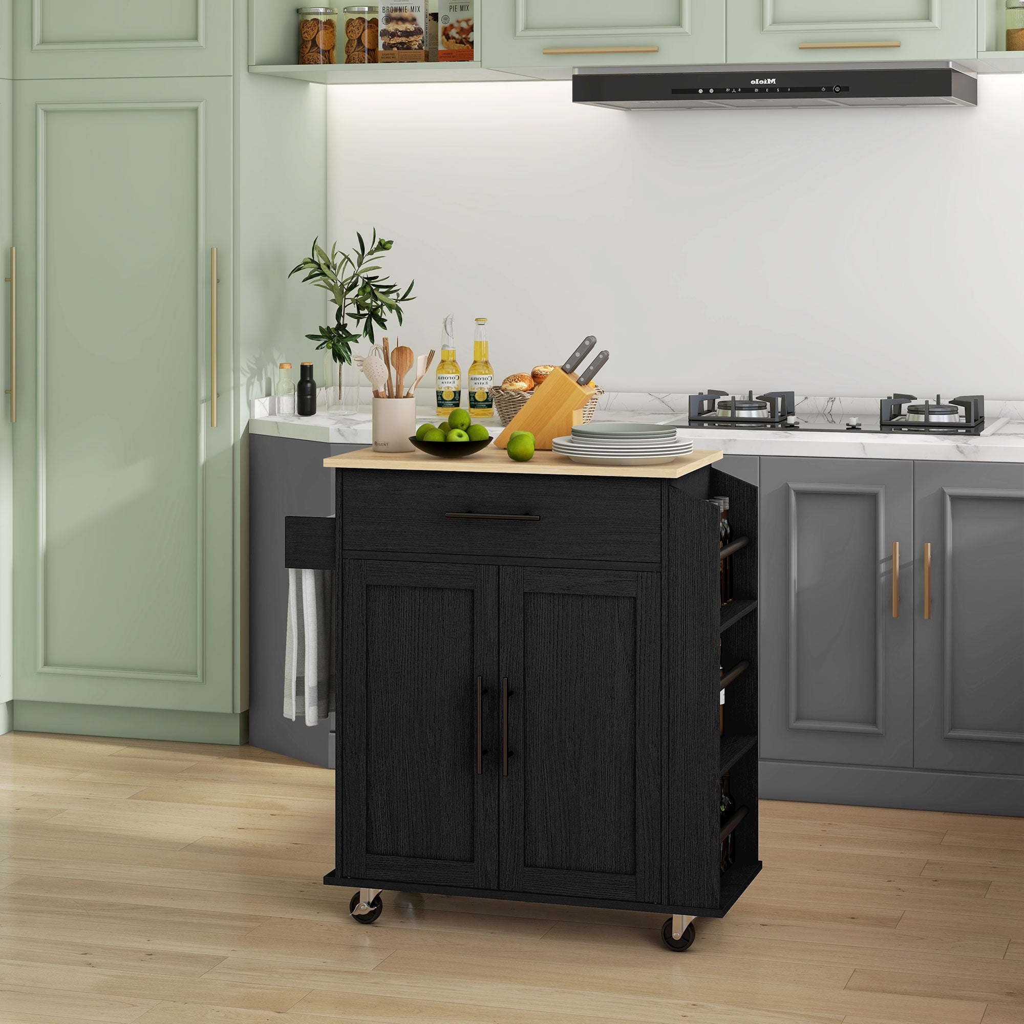 HOMCOM Kitchen Island on Wheels with Power Outlet, Rolling Kitchen Cart with Storage Drawer, Portable Microwave Stand with Cabinet, Towel Rack and Spice Rack (Black)