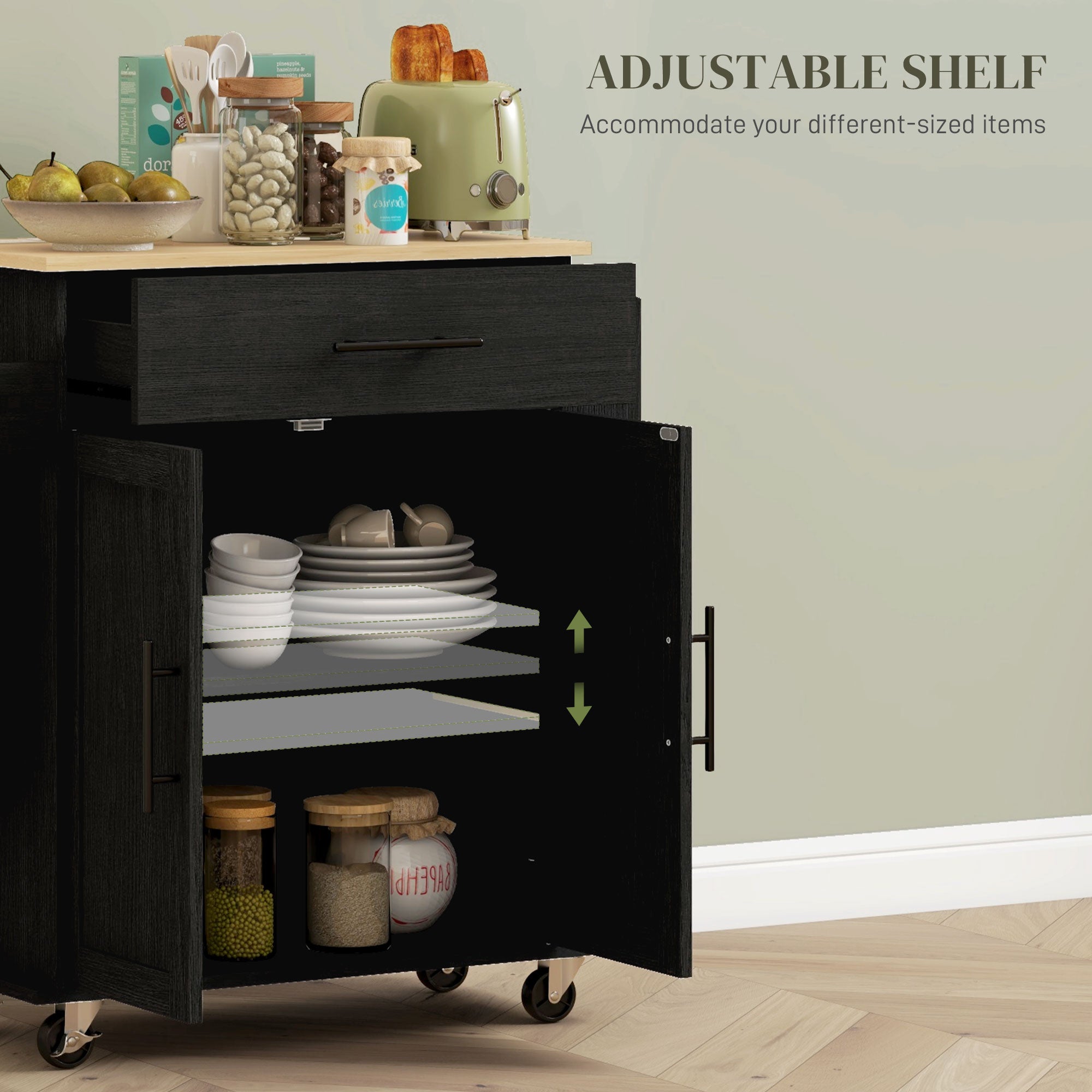 HOMCOM Kitchen Island on Wheels with Power Outlet, Rolling Kitchen Cart with Storage Drawer, Portable Microwave Stand with Cabinet, Towel Rack and Spice Rack (Black)