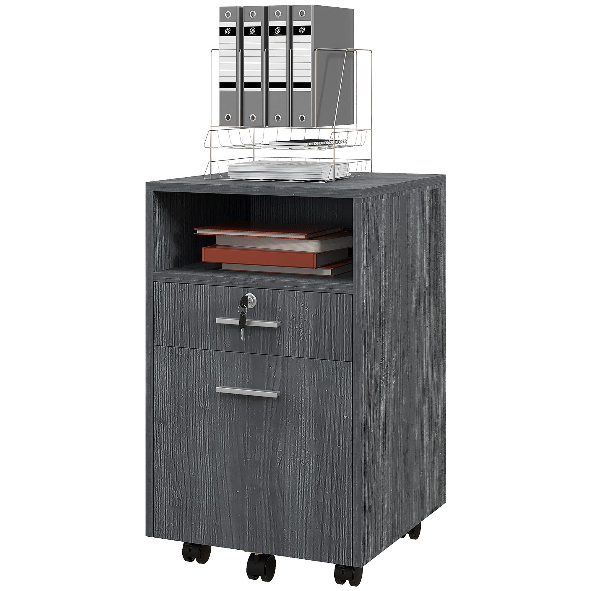 Vinsetto 2 Drawer Filing Cabinet with Lock, Vertical File Cabinet with Wheels, Mobile Office Cabinet for A4, Letter Size, Grey