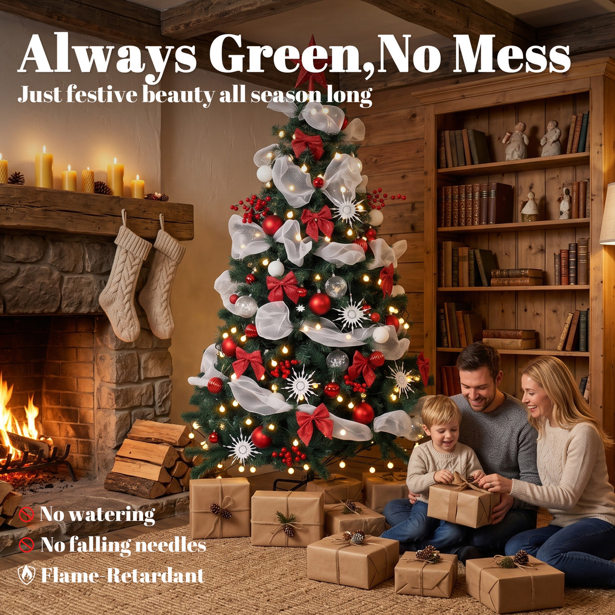 6ft Prelit Christmas Tree Spruce, Remote, Hinged, Artificial Xmas Tree with 8 Modes, 800 Tips, 200 LEDs, Balls, Ribbons, Bows, Foldable Metal Base, Green and Red