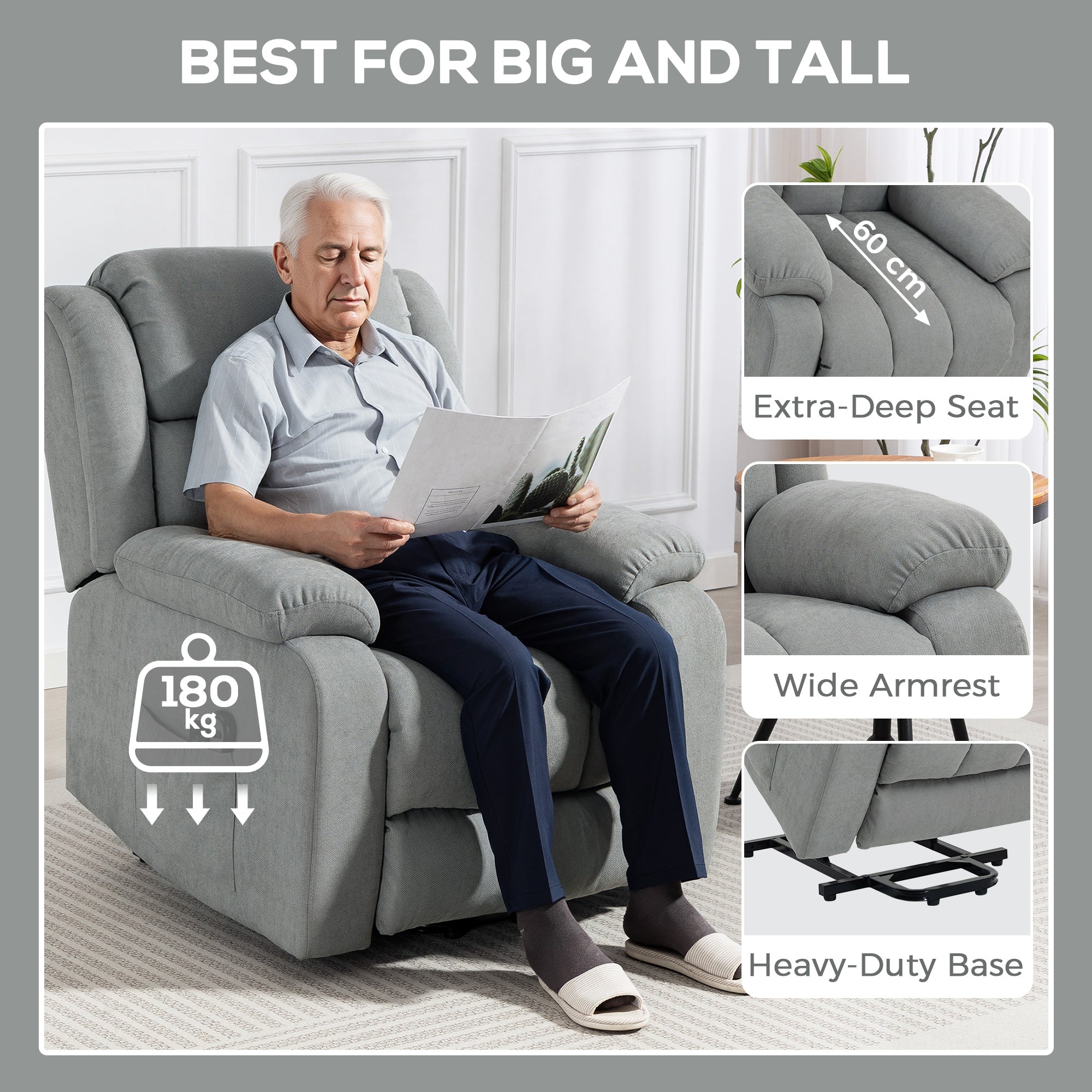 Power Lift Recliner Chair with Massage, Linen Overstuffed Lift Chair for Elderly, Electric Recliner Armchair with Footrest, Remote Control and Side Pocket, for Living Room, Light Grey
