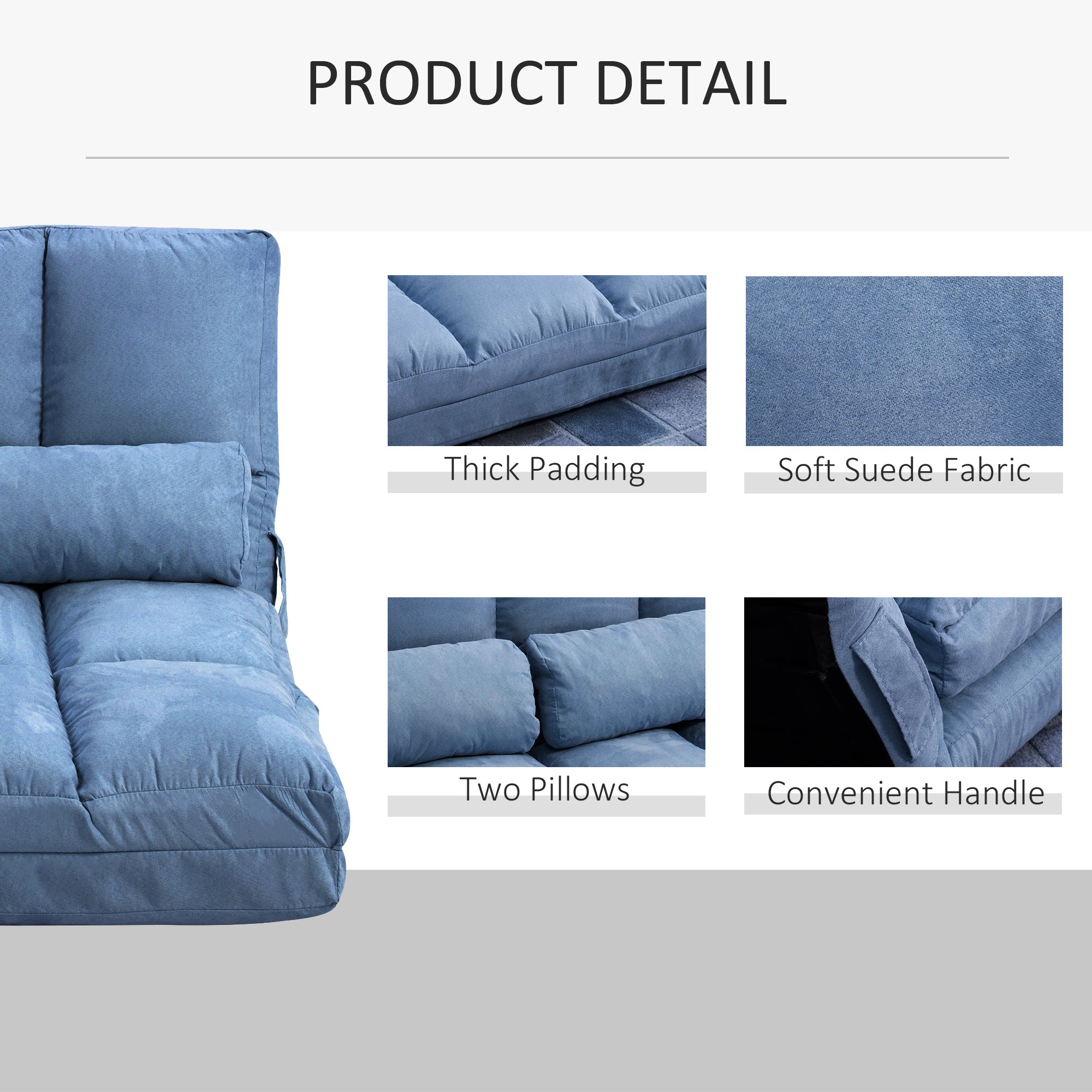 Convertible Recliner Sofa, Folding Floor Sofa Chair with Adjustable Backrest and Headrest, Blue