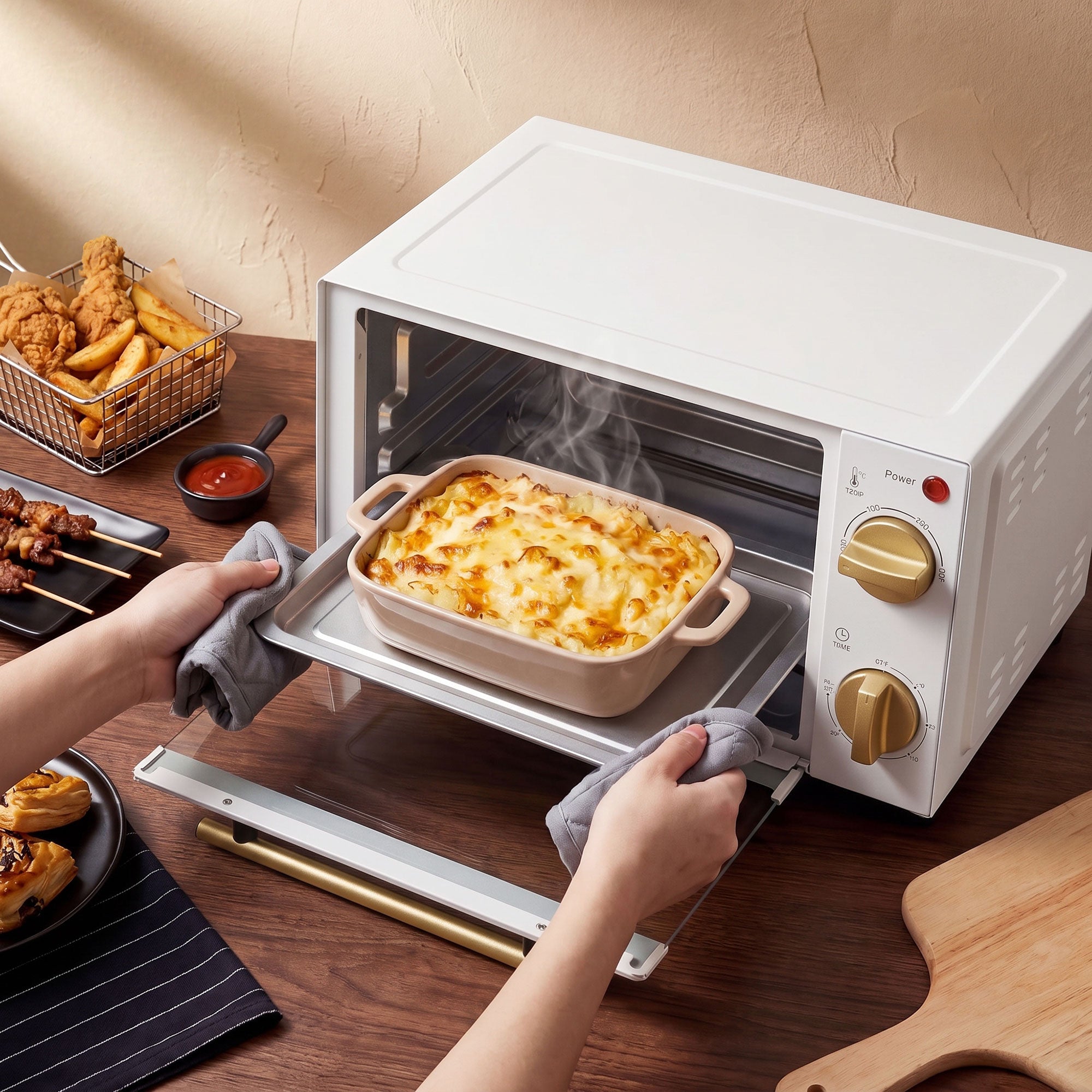 Mini Oven, 9L Countertop Electric Grill, Toaster Oven with Adjustable Temperature, Timer, Dishwasher Safe Baking Tray and Wire Rack, 750W, White