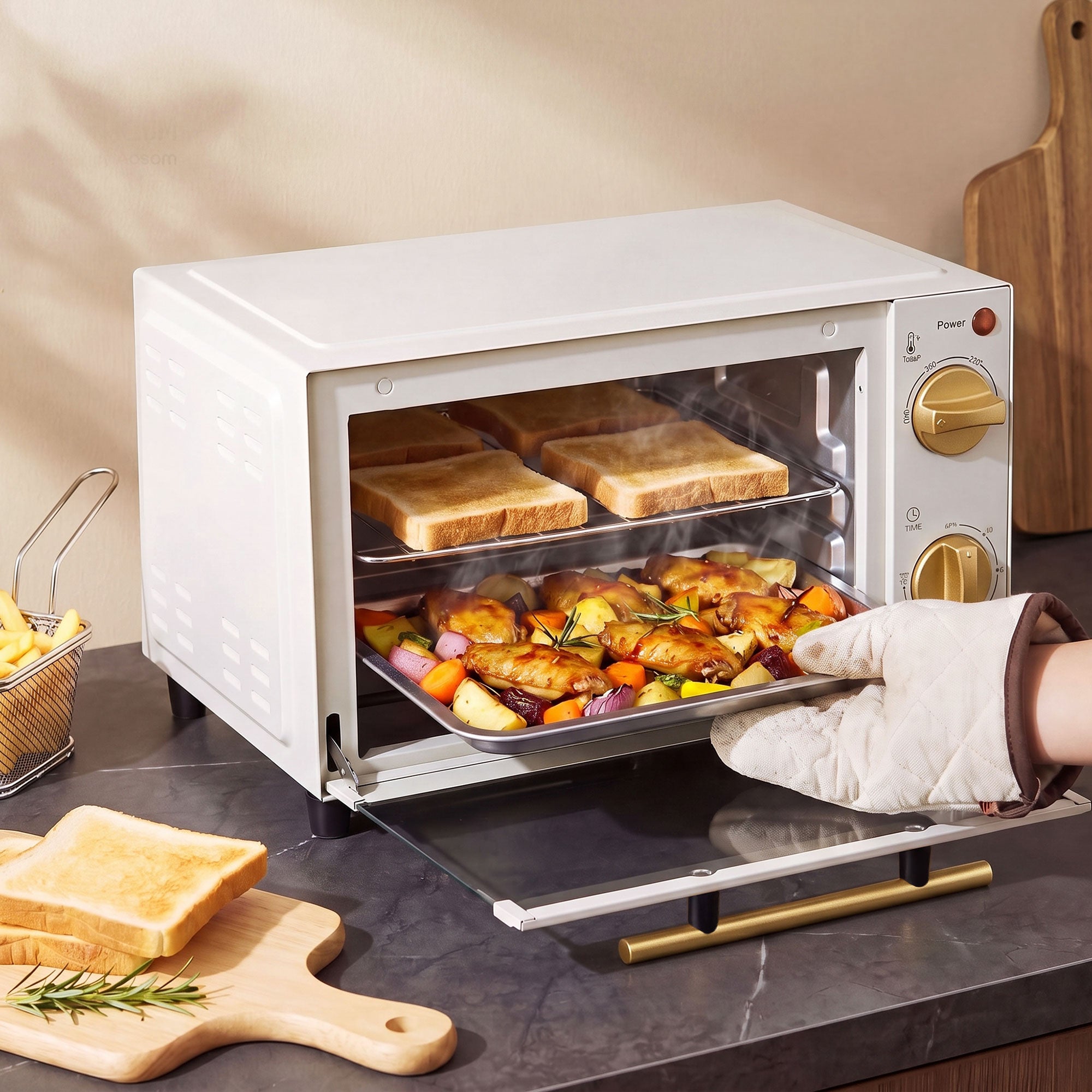 Mini Oven, 9L Countertop Electric Grill, Toaster Oven with Adjustable Temperature, Timer, Dishwasher Safe Baking Tray and Wire Rack, 750W, White