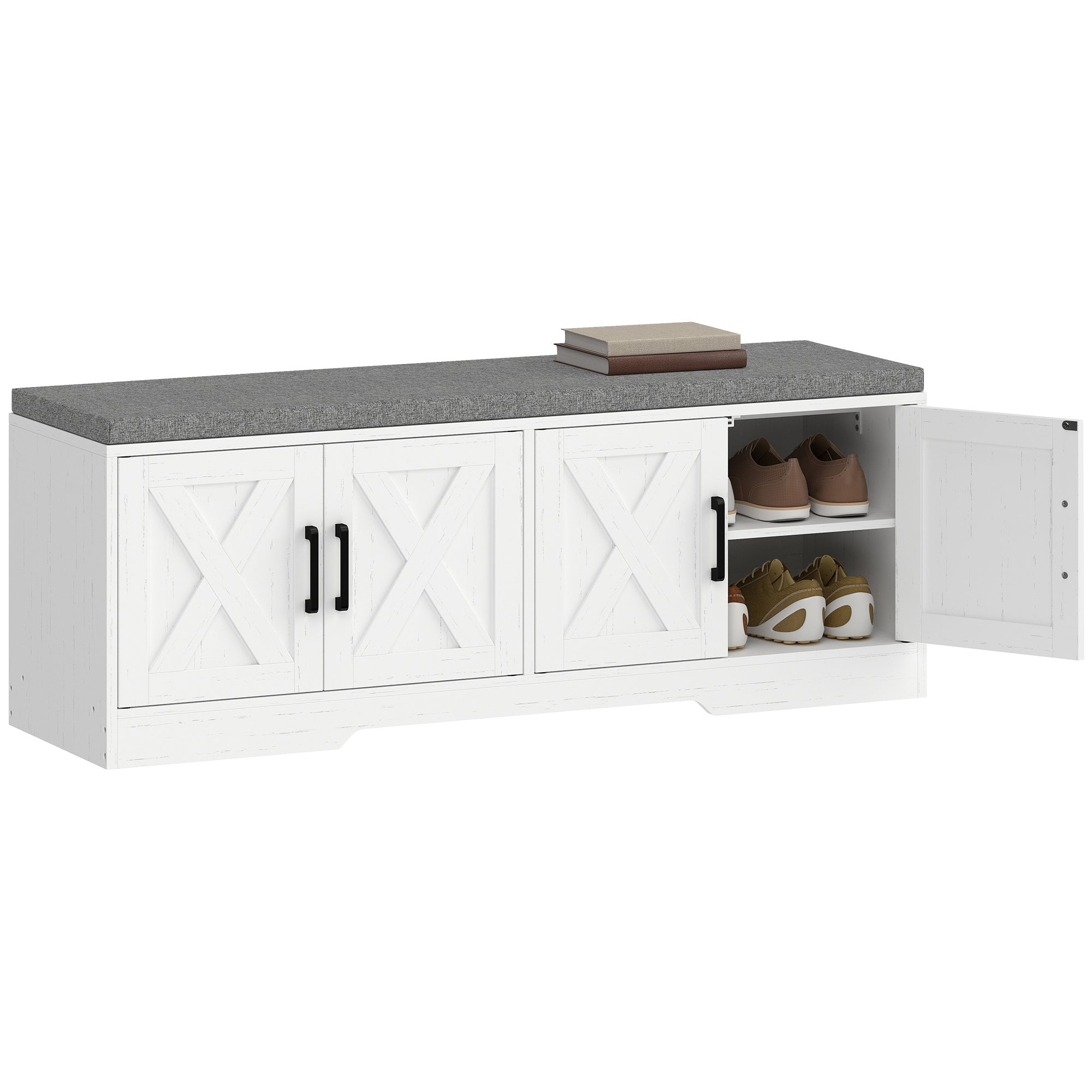 Shoe Bench with Storage, Shoe Storage Bench with 2-Tier Cabinet, Padded Seat Cushion and Adjustable Shelves, Modern Farmhouse Entryway Storage Cabinet, White