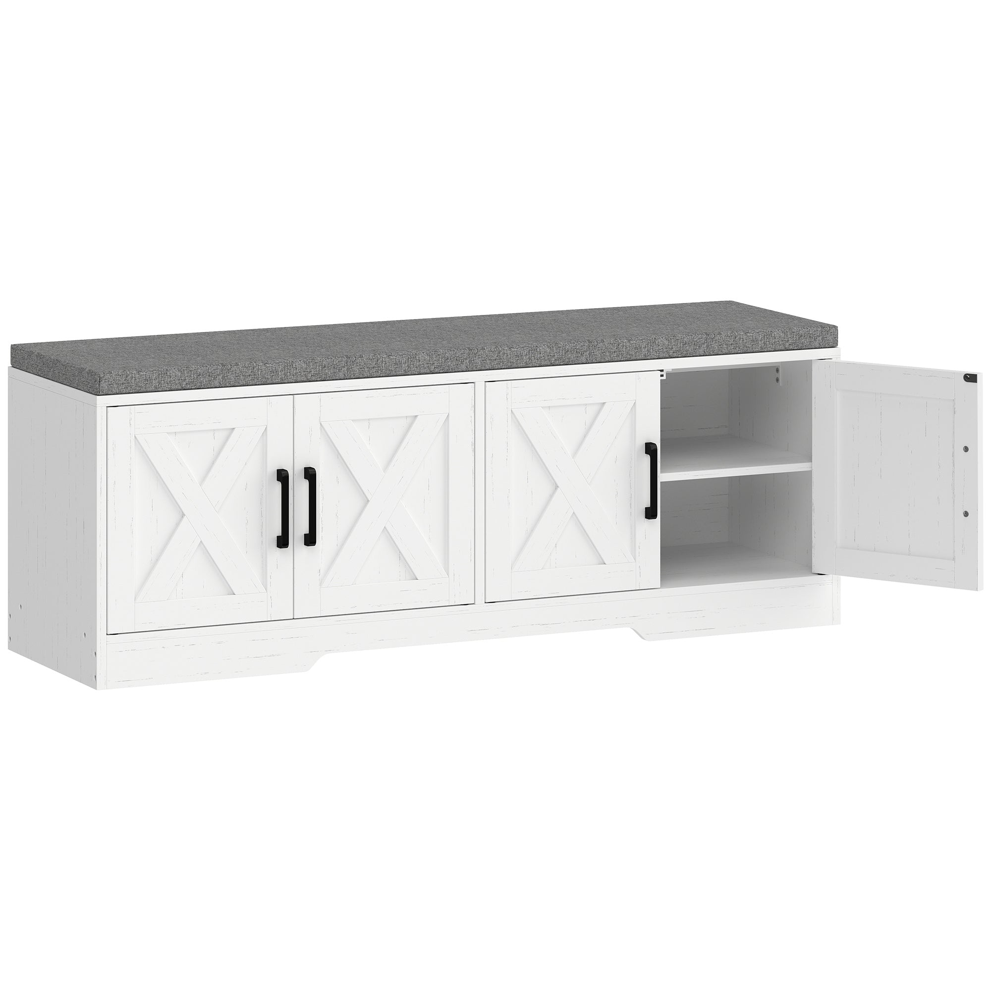 Shoe Bench with Storage, Shoe Storage Bench with 2-Tier Cabinet, Padded Seat Cushion and Adjustable Shelves, Modern Farmhouse Entryway Storage Cabinet, White