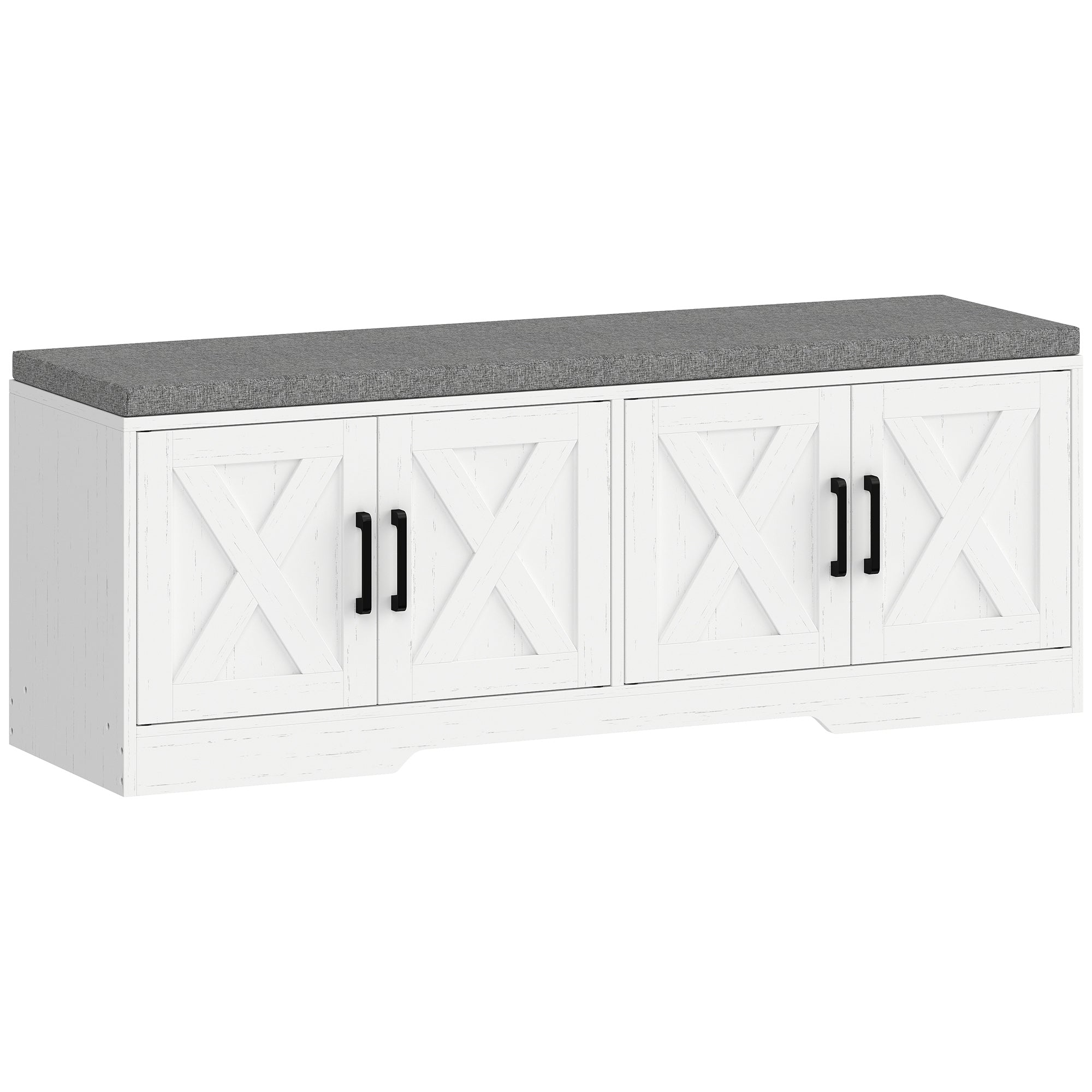 Shoe Bench with Storage, Shoe Storage Bench with 2-Tier Cabinet, Padded Seat Cushion and Adjustable Shelves, Modern Farmhouse Entryway Storage Cabinet, White