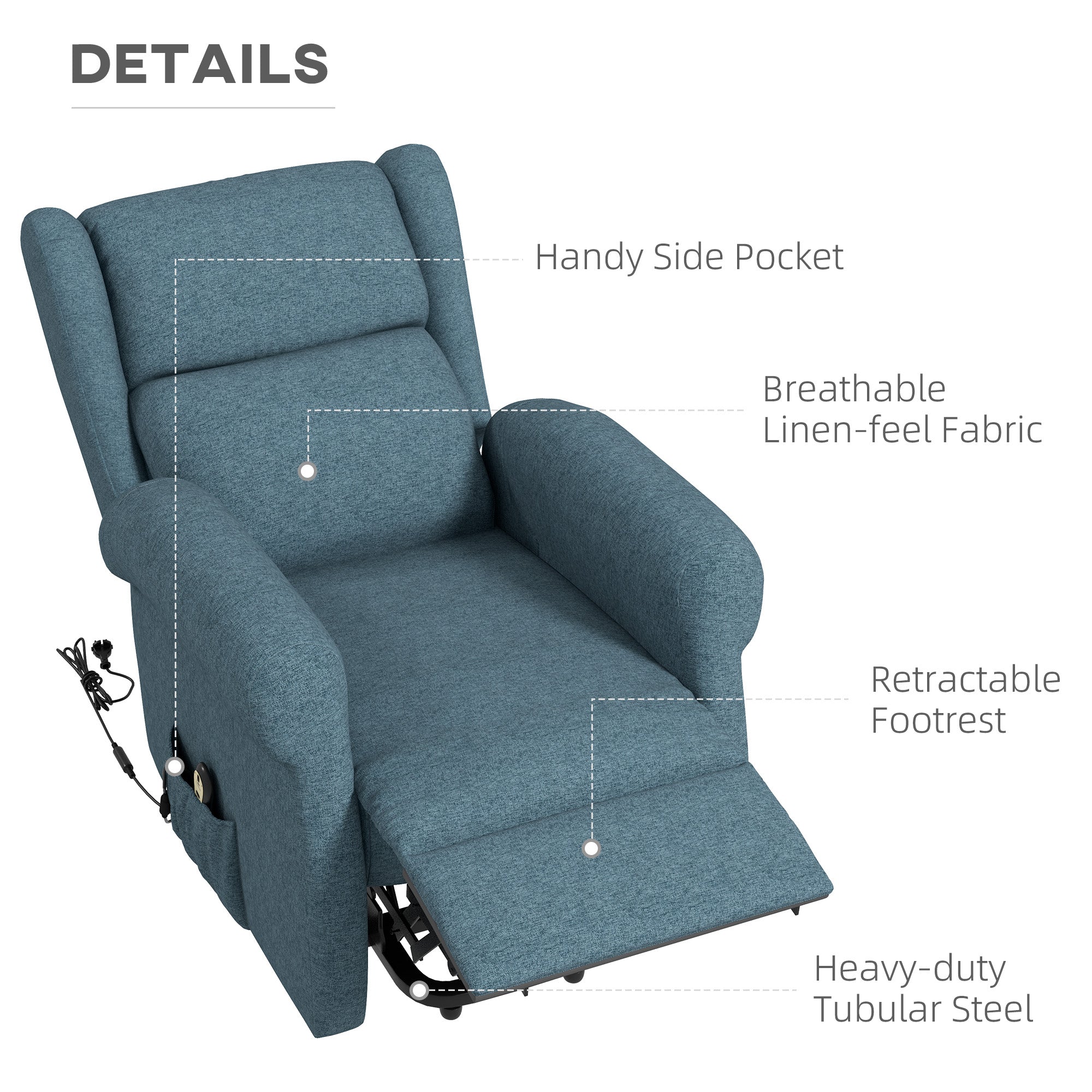 HOMCOM Power Lift Recliner Chair for Elderly, Linen Electric Reclining Chair with Footrest, Remote Control, Side Pockets, Blue