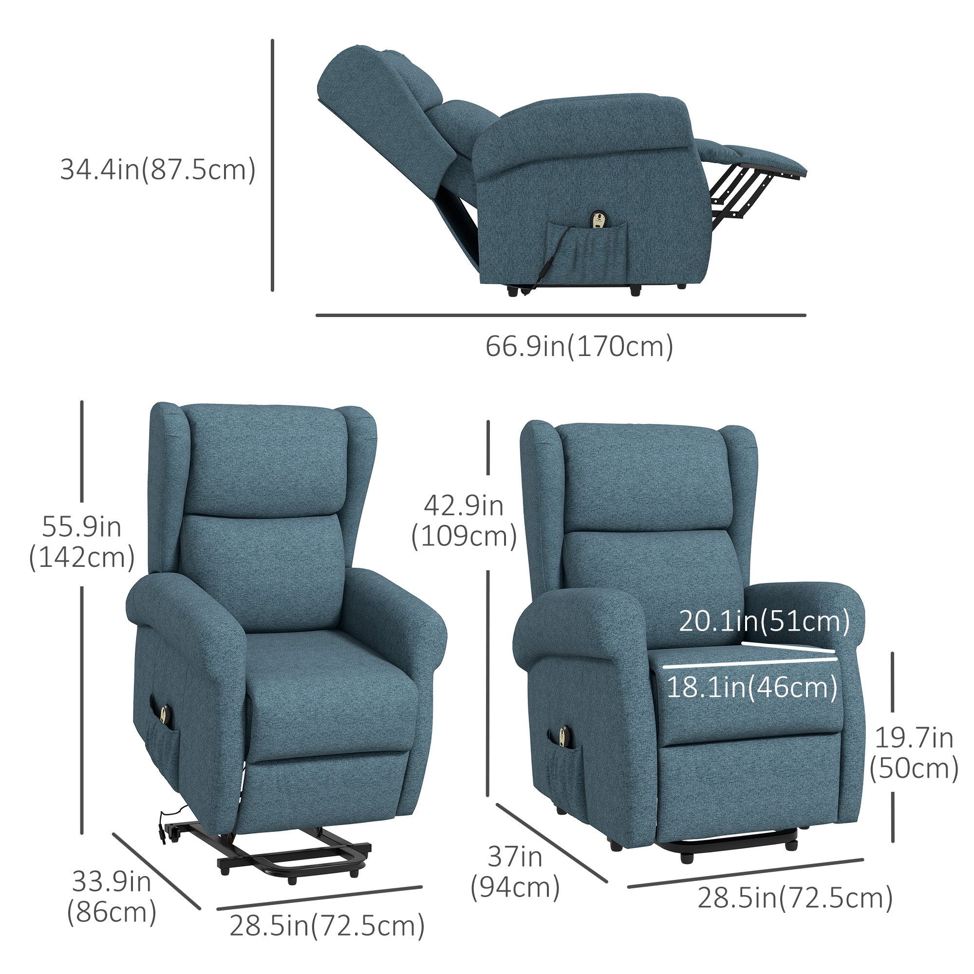 HOMCOM Power Lift Recliner Chair for Elderly, Linen Electric Reclining Chair with Footrest, Remote Control, Side Pockets, Blue