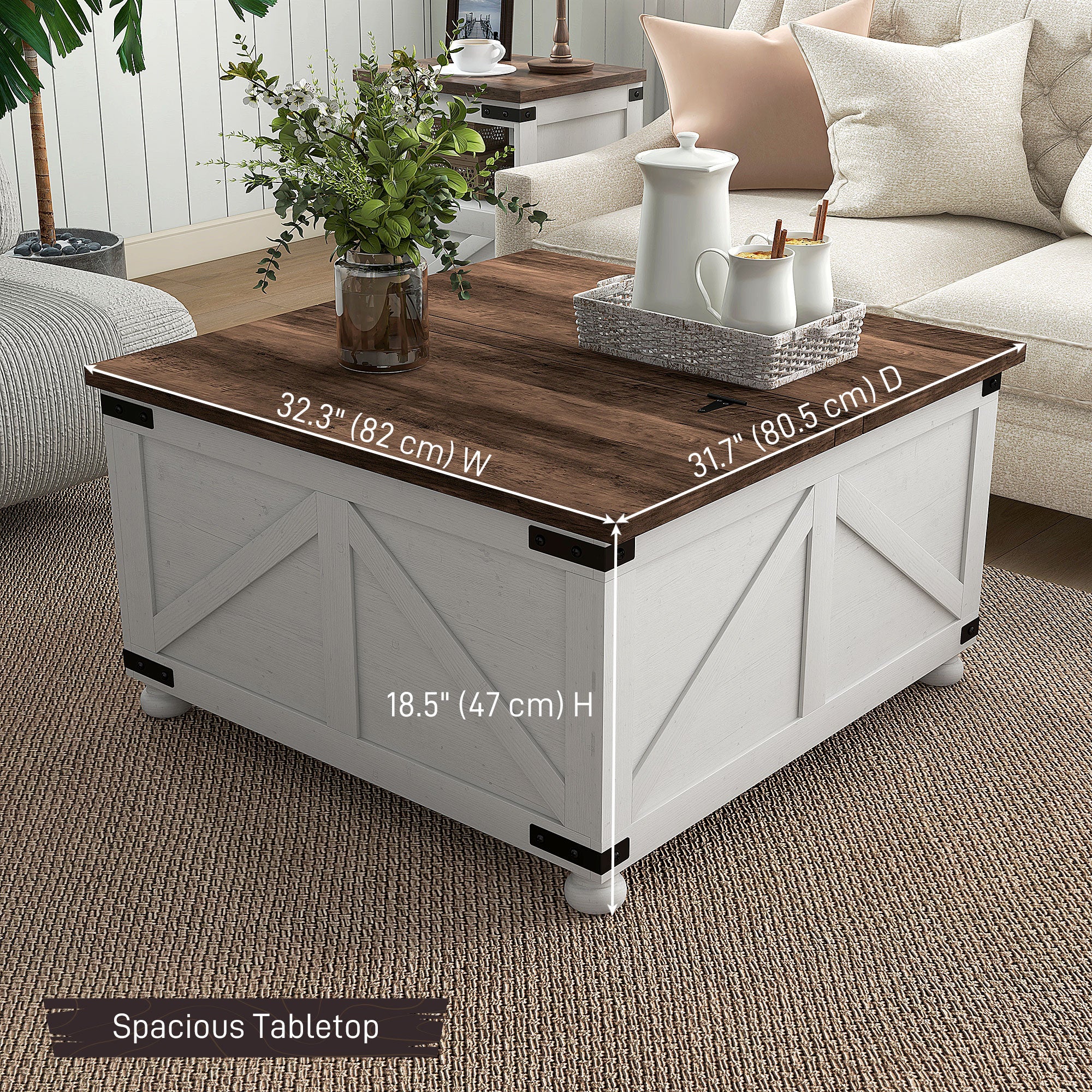HOMCOM Lift Top Coffee Table with Flip-top Lids, 32" Farmhouse Center Table with 2 Hidden Compartments for Living Room, White